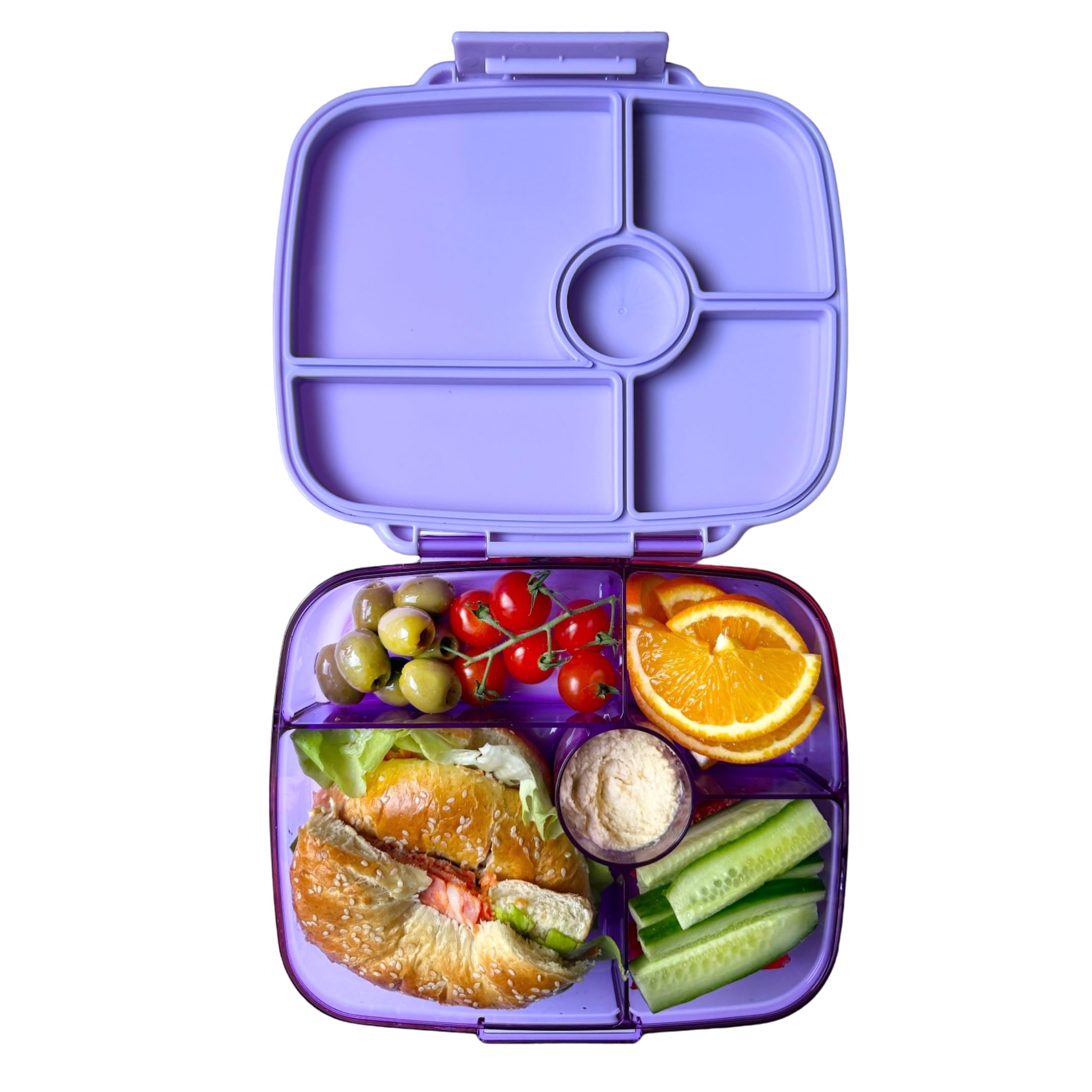 Yumbox Fiambrera Bento Go para niños y adultos, tapas a prueba de fugas, bandeja profunda, 5 compartimentos, junta extraíble, compacta, ligera, apta para alimentos (morado Kioto).