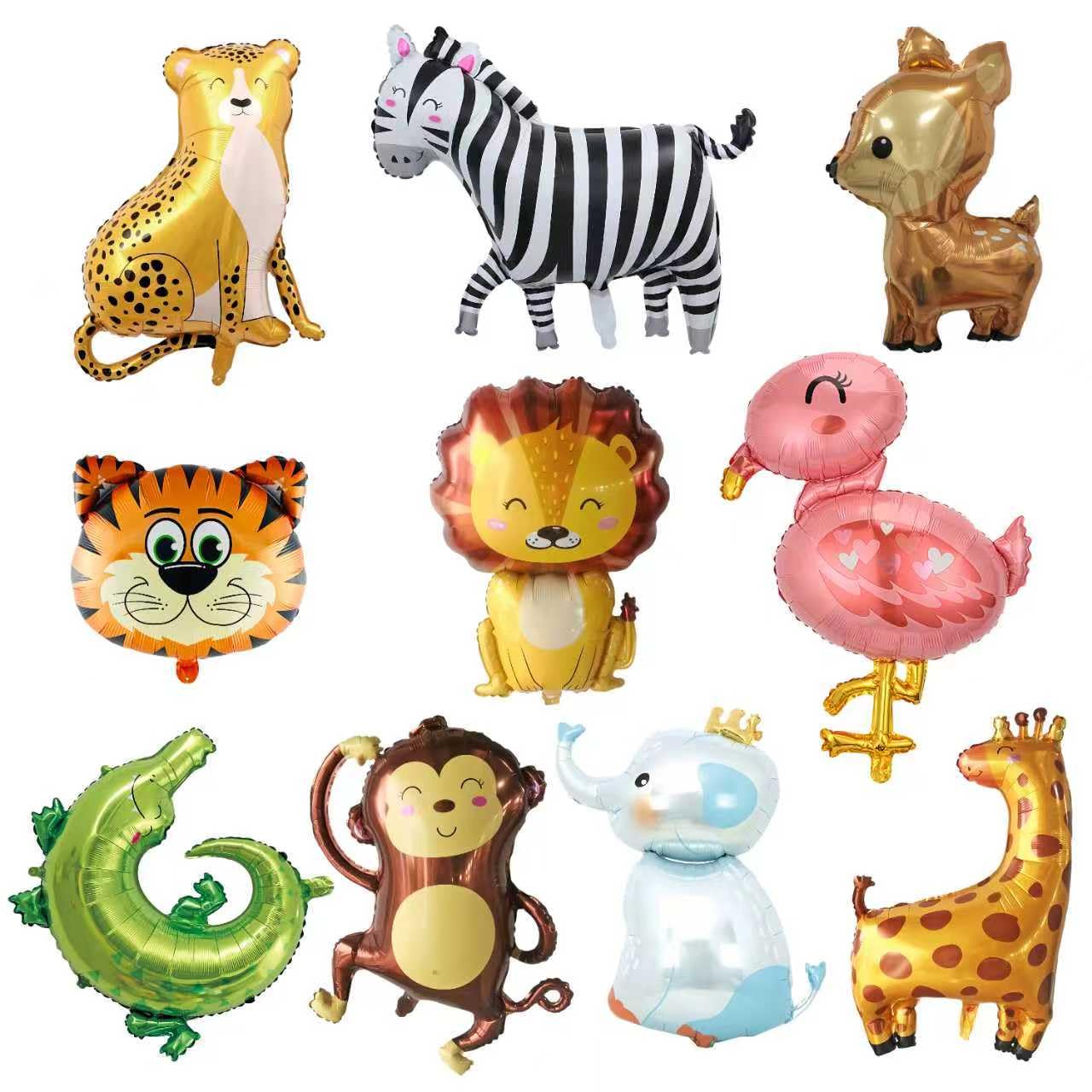 10pcs Jungle Safari Animal Balloons, Large Aluminium Foil Helium Balloons with Ribbon & Straw, Forest Theme Party Decorations for Safari Birthday Baby Shower