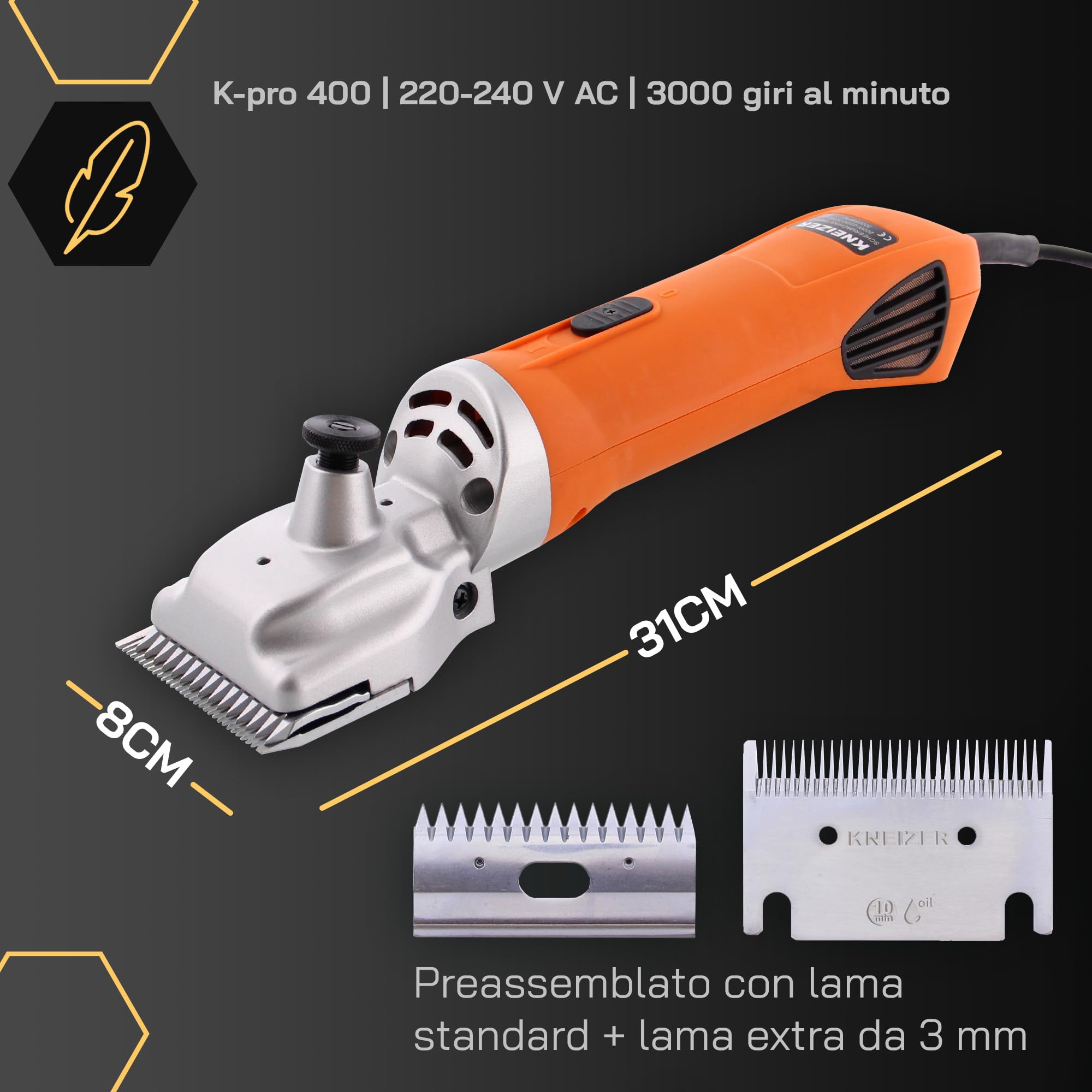 Tosatrice per Cavalli K-PRO 400 - Con Lame Intercambiabili - Silenziosa e a Bassa Vibrazione - Serenità per il Cavallo - Adatta a Tutti i Tipi di Pelo e Parti del Corpo - Senza Manutenzione