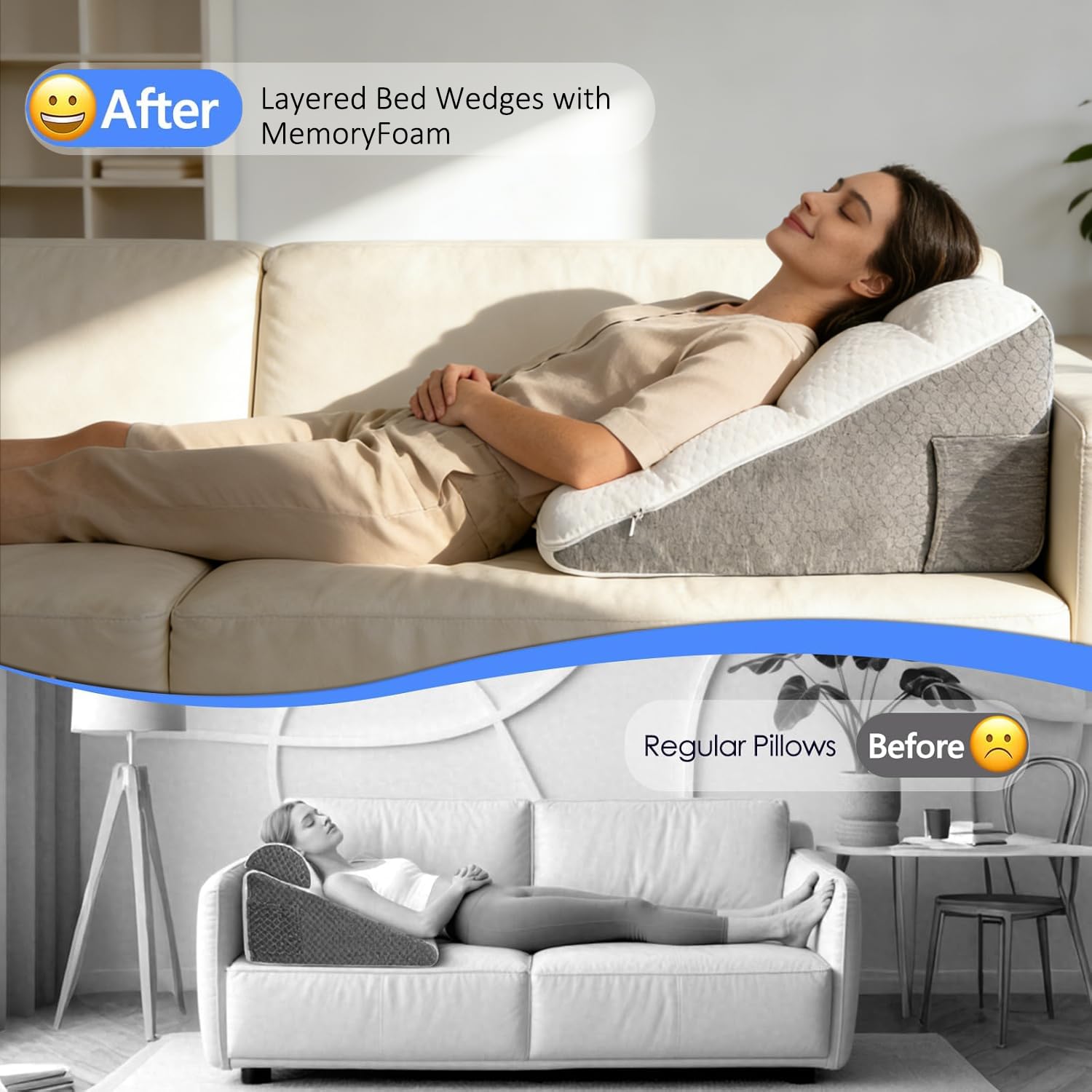Coussin incliné pour lit, Coussin de Lecture en Mousse à Mémoire de Forme, Coussin Triangulaire pour l'apnée du Sommeil, Coussin Triangulaire Multifonction pour Reflux Acide l'élévation