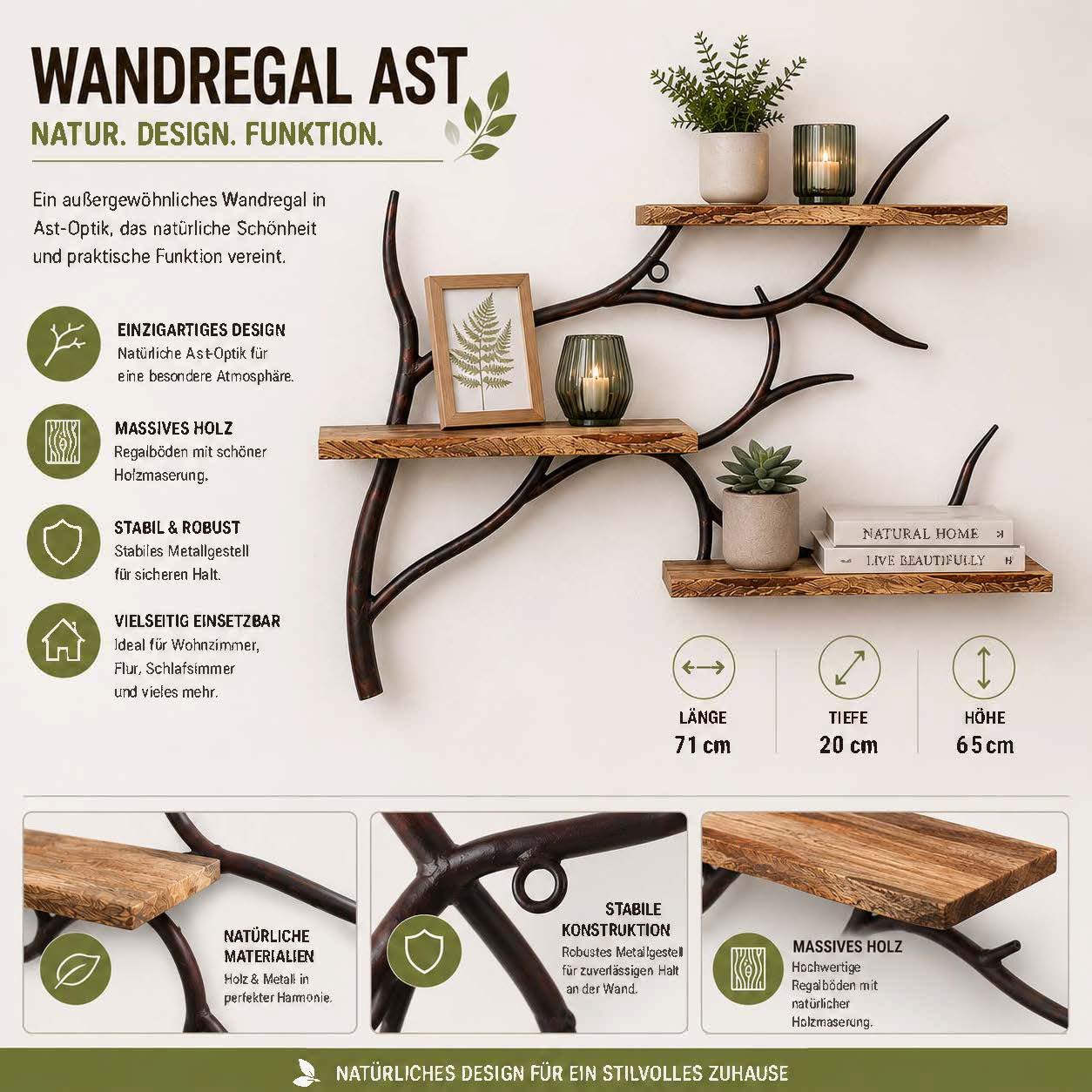 Kobolo Wandregal Hängeregal Bücherregal -AST Zweig- 3 Böden 71x20x65 cm
