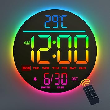 10" Digital Wall Clock With Night Light, Alarm, Remote Control, 11 RGB Color Auto-Brightness, Temperature, Date And Day, Modern Electric LED Wall Clock for Bedroom, Living Room