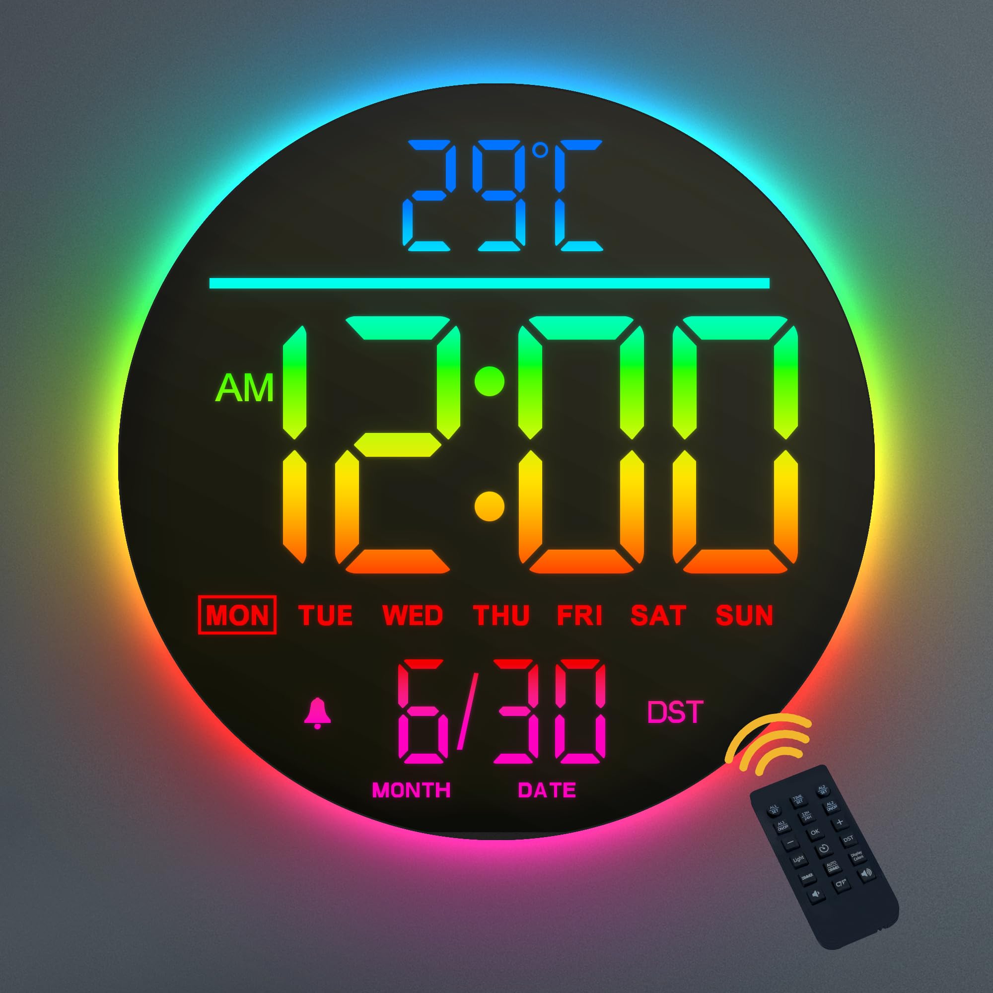 Mee 2ou 10" Digital Wall Clock With Night Light, Alarm, Remote Control, 11 RGB Color Auto-Brightness, Temperature, Date And Day, Modern Electric LED Wall Clock for Bedroom, Living Room