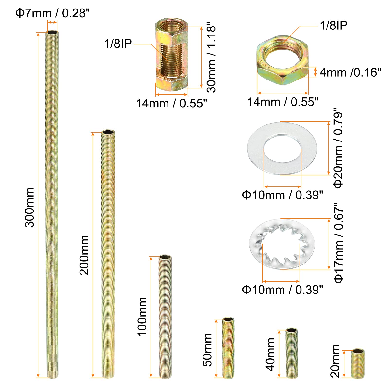 PATIKIL 1/8IP Thread 6 Size Lamp Pipe Kit with Lock Nuts Washers, 2 Set Fasteners Assortment Hardware for Chandelier Ceiling Light DIY, Zinc Plating