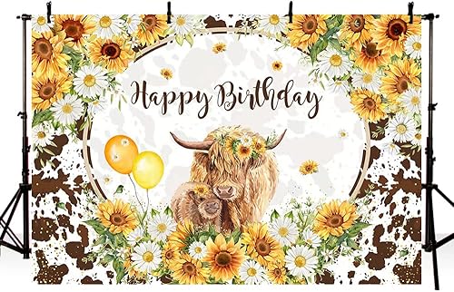 Miniatura 2 de MEHOFOND Fondo floral de cumpleaños de vacas de las tierras altas de 10 x 7 pies, ganado marrón, decoración de fiesta de cumpleaños, girasoles,