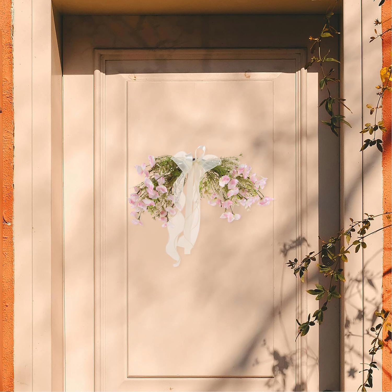 SHINEOFI Faux Floral Swag Wreath Pink Summer Door Decoration, Indoor Outdoor Wedding Holiday Front Door Wreath, Artificial Flower Swag for Seasonal Home Décor