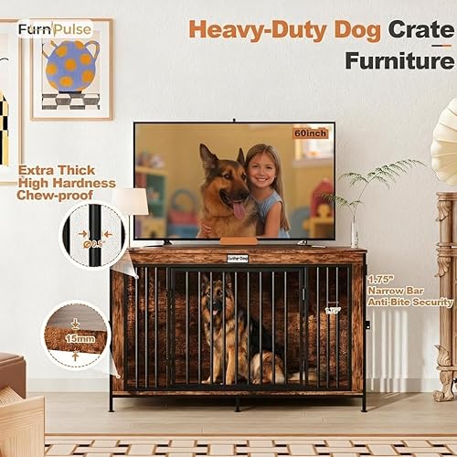 Miniatura 2 de Muebles de jaula para perros de 48 pulgadas, gran mesa auxiliar y jaula de madera resistente para perros con divisor, casa decorativa para perros