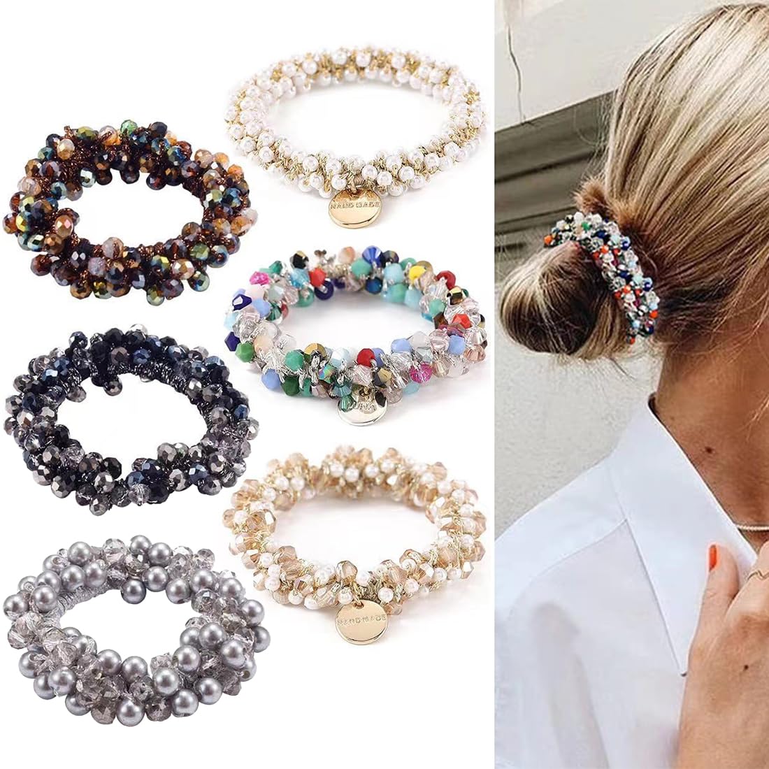 Set di 6 Elastici per Capelli con Cristalli, in Cristallo Sintetico, per Donne e Ragazze