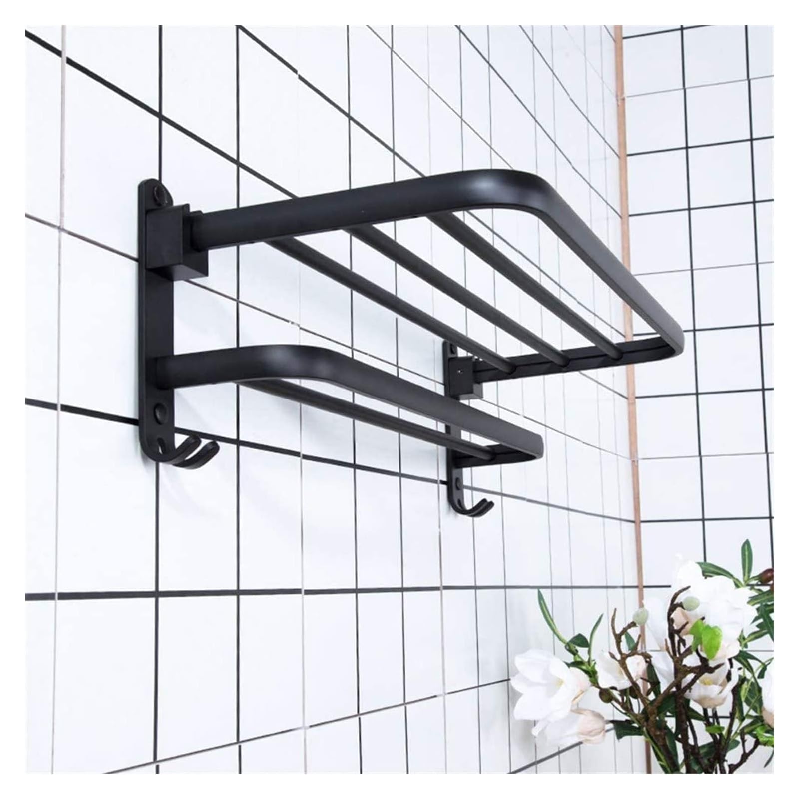 Porte-serviettes double mural noir pliable avec support de rangement de douche - 7