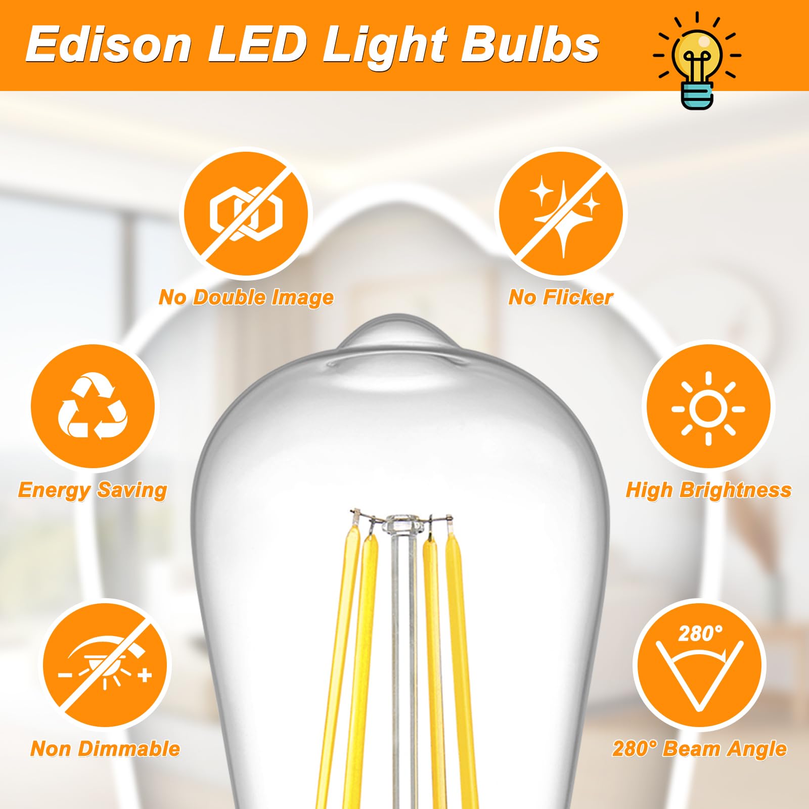 Ascher Bombillas LED Edison vintage, 6 W, equivalente a 60 W, luz blanca diurna de alto brillo 4000 K, bombillas de filamento LED ST58 con CRI 80+, base mediana E26, no regulable, vidrio transparente,
