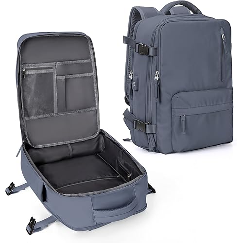 Travel Backpack Women, Carry On Backpack for Men, Hiking Laptop Backpack Waterproof Outdoor Sports Rucksack Casual Daypack, Grey Blue