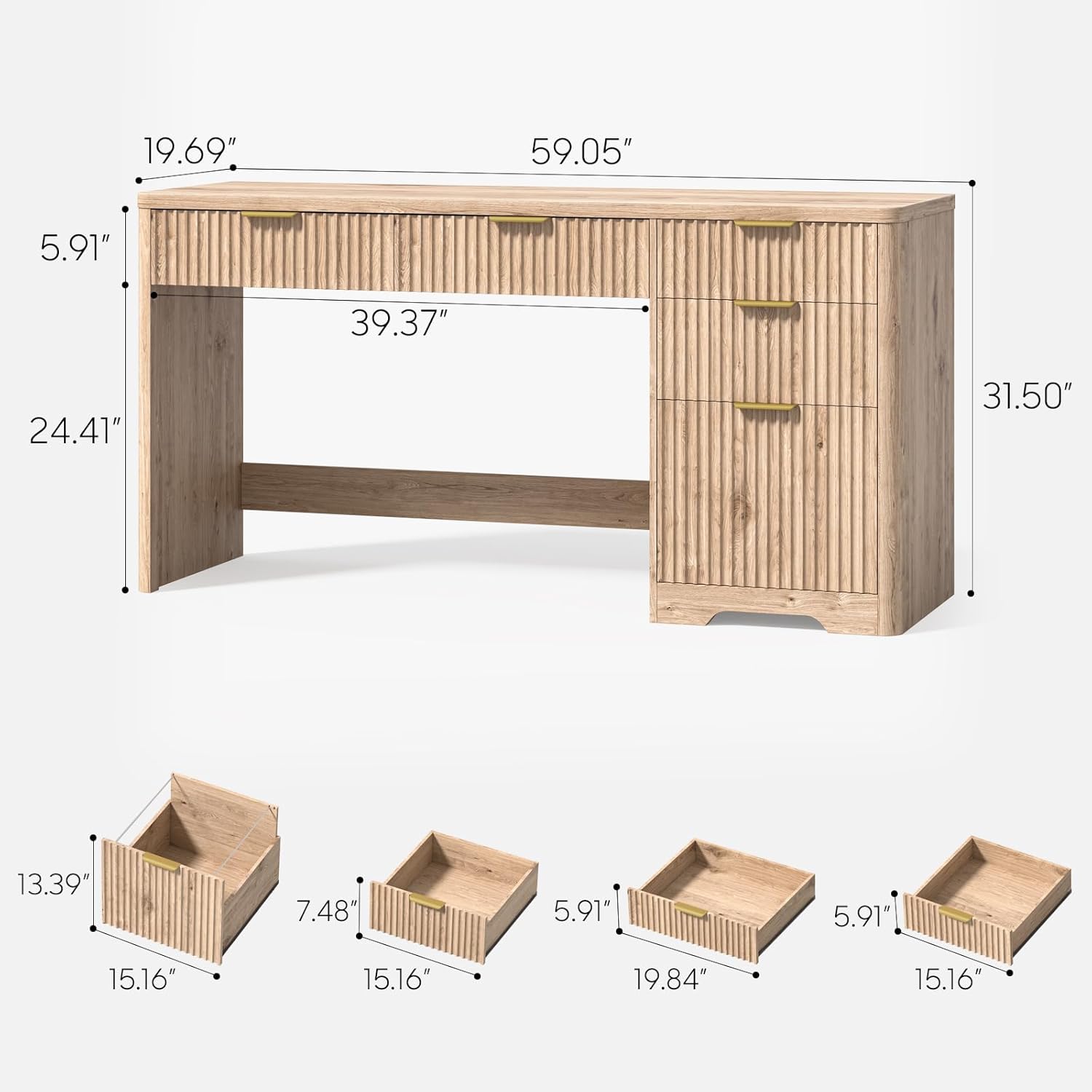 Vabches 59" Fluted Executive Desk with Adjustable File Drawer, Workstation Computer Desk with 4 Storage Drawers, for Home Office, Study, Writing.Oak