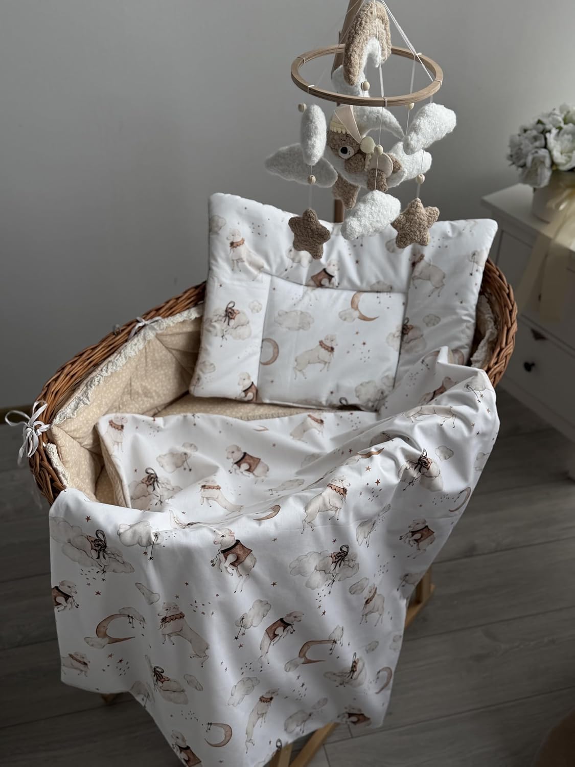 Baby Crib Bedding Set with Pillow, Soft Cotton Blanket, Lamb & Moon Print, Neutral Nursery Decor, Gift for Newborn (Euro Baby)