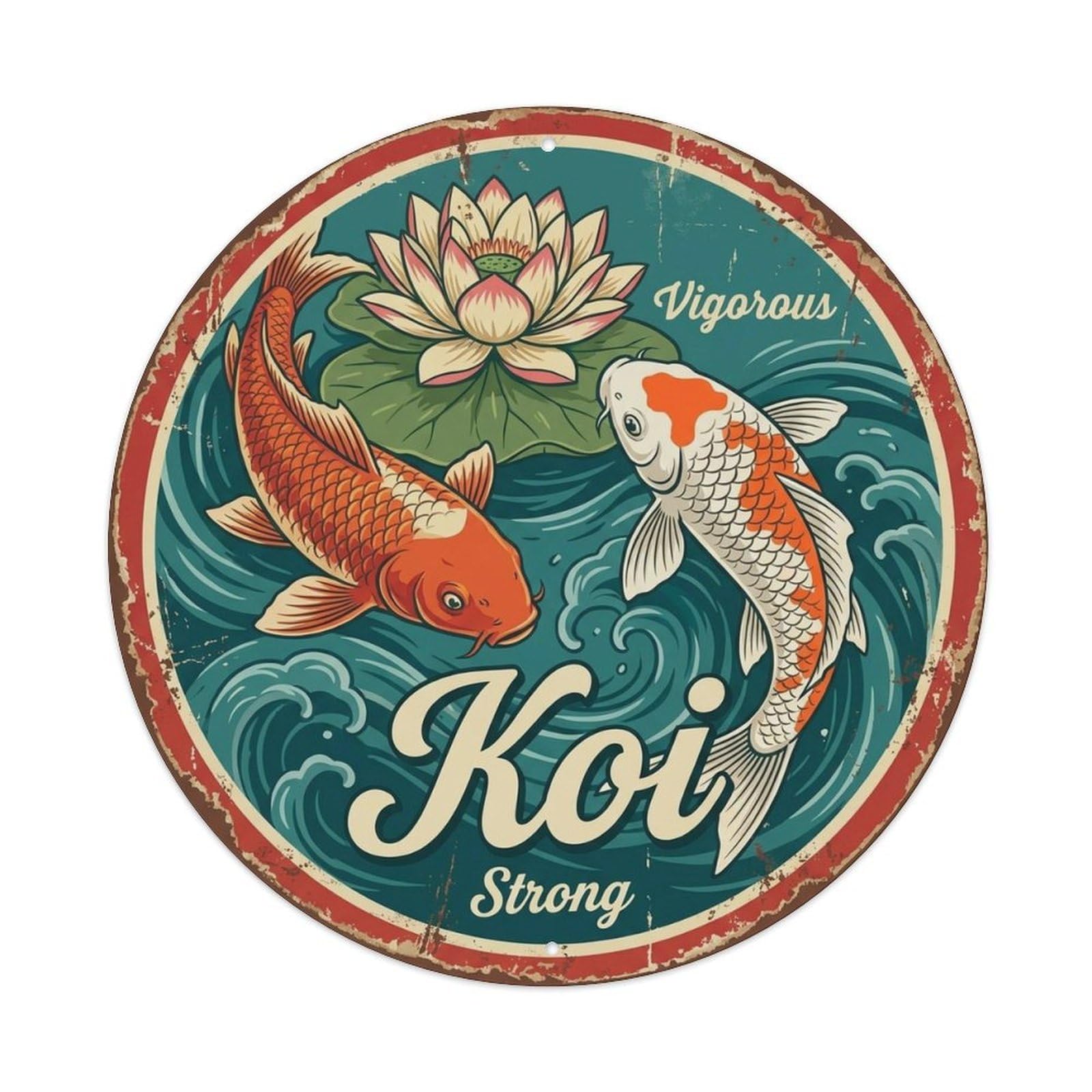 Koi Pond Water Vigorous Classic Emblem Vintage Metal Tin Sign Plaque Wall Decor for Cafe, Man Cave, Club Bar, Office, Home Garden Round Metal Poster 8x8Inch