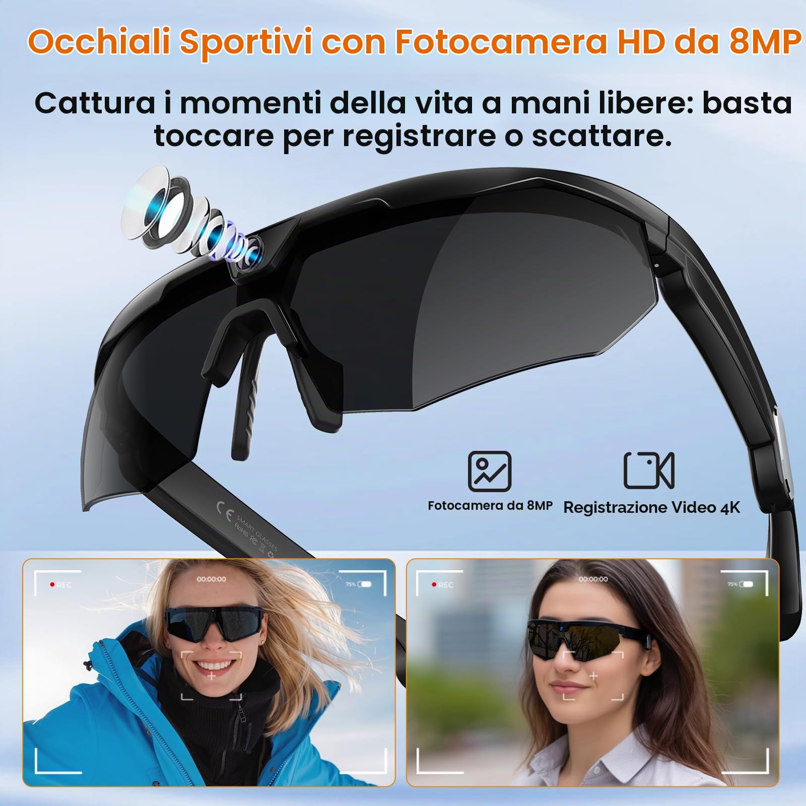 GenXenon Occhiali Smart Con Camera, Registrazione Video 4K, Fotografia, Riconoscimento oggetti AI, Occhiali Da Sole Con Fotocamera Per Sport All’Aperto Come Ciclismo, Sci E Escursionismo (Nero)