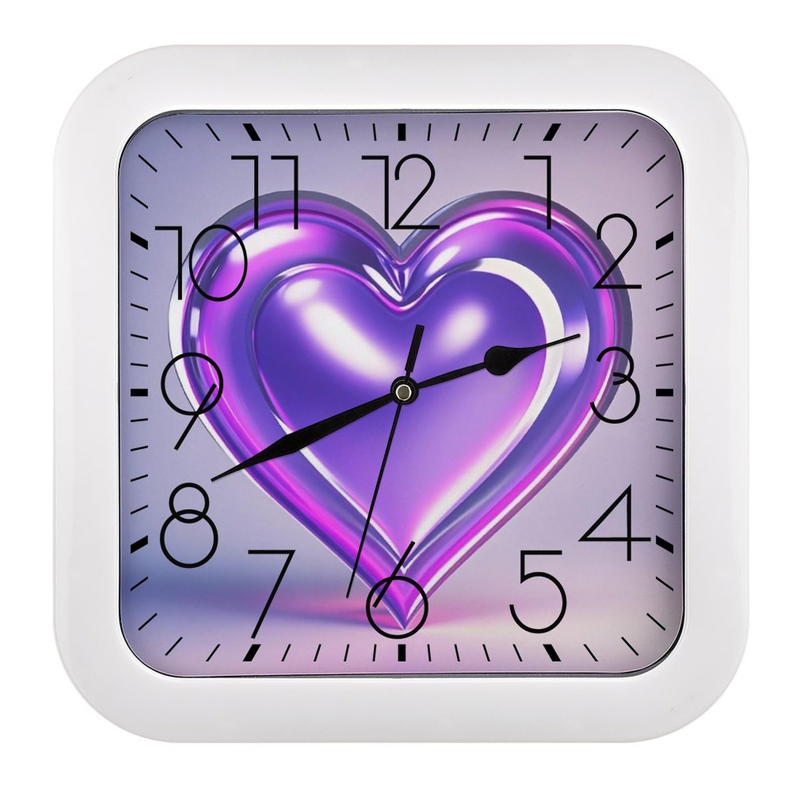 Horloge murale carrée cœurs violets silencieuse et moderne pour salon
