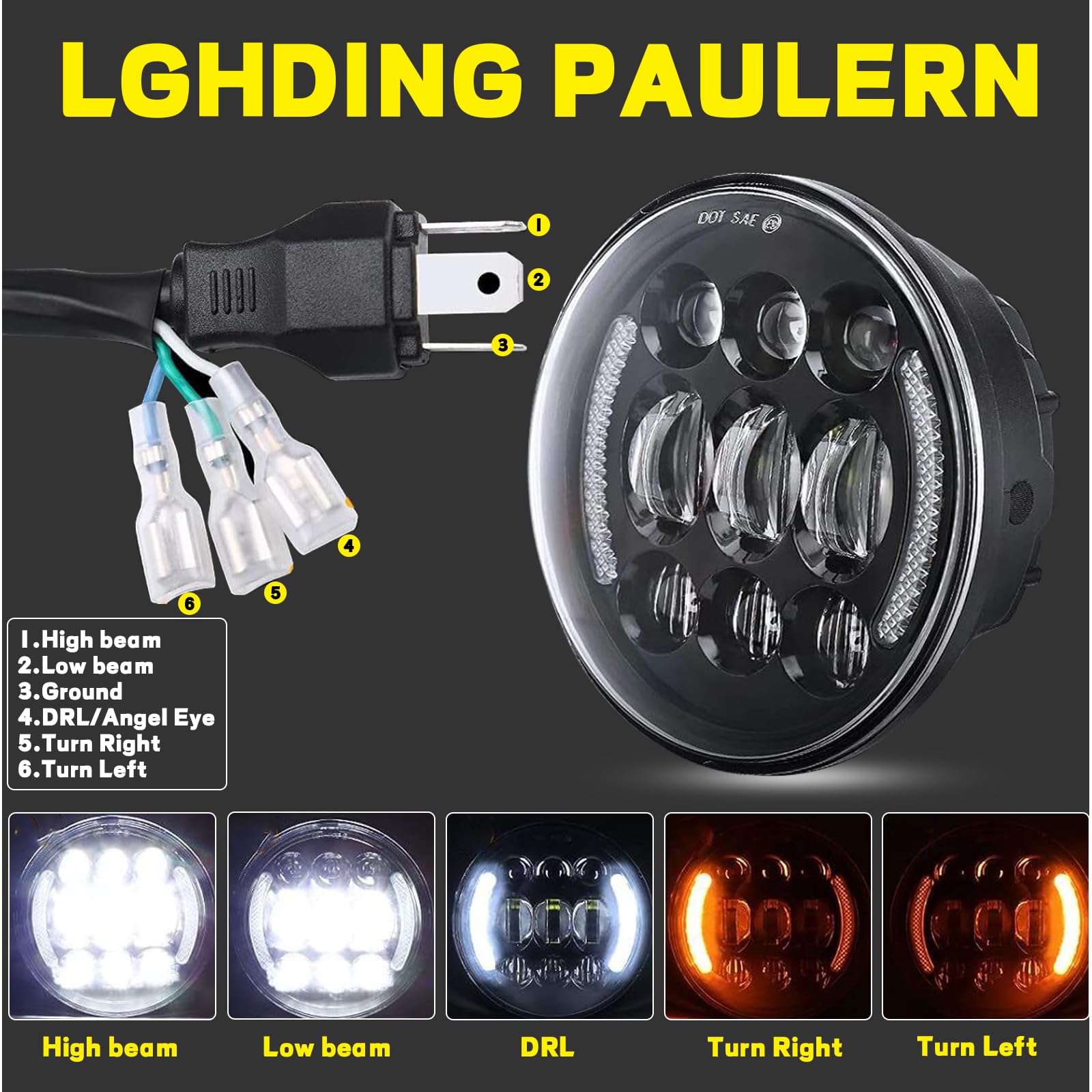 Phare LED rond de 5-3/4" 5,75 pouces (14,5 cm) avec clignotants, feux de route et de croisement, DRL, compatible avec Harley Sportster XL 883 1200 Dyna