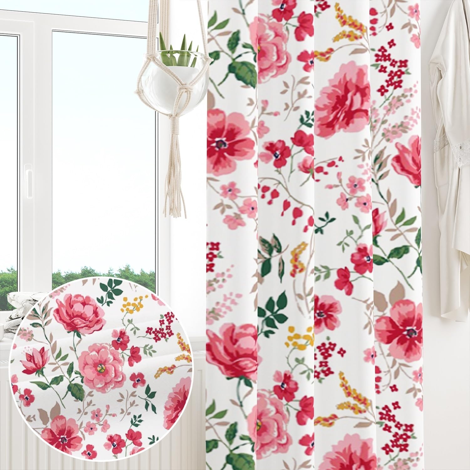 117x183cm Cortina con Ojales de Flores Rosa Floral Estético Botánico Granja Estilo campestre Aislantes Térmicas Cortinas para Ventanas Dormitorio de niña Sala de Estar,2 Panels