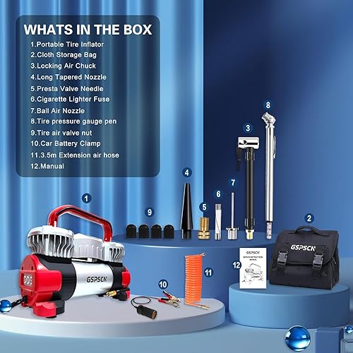 Miniatura 8 de GSPSCN Compresor de aire portátil digital de doble cilindro resistente, inflador de neumáticos de metal de 12 V con adaptador y medidor de presión