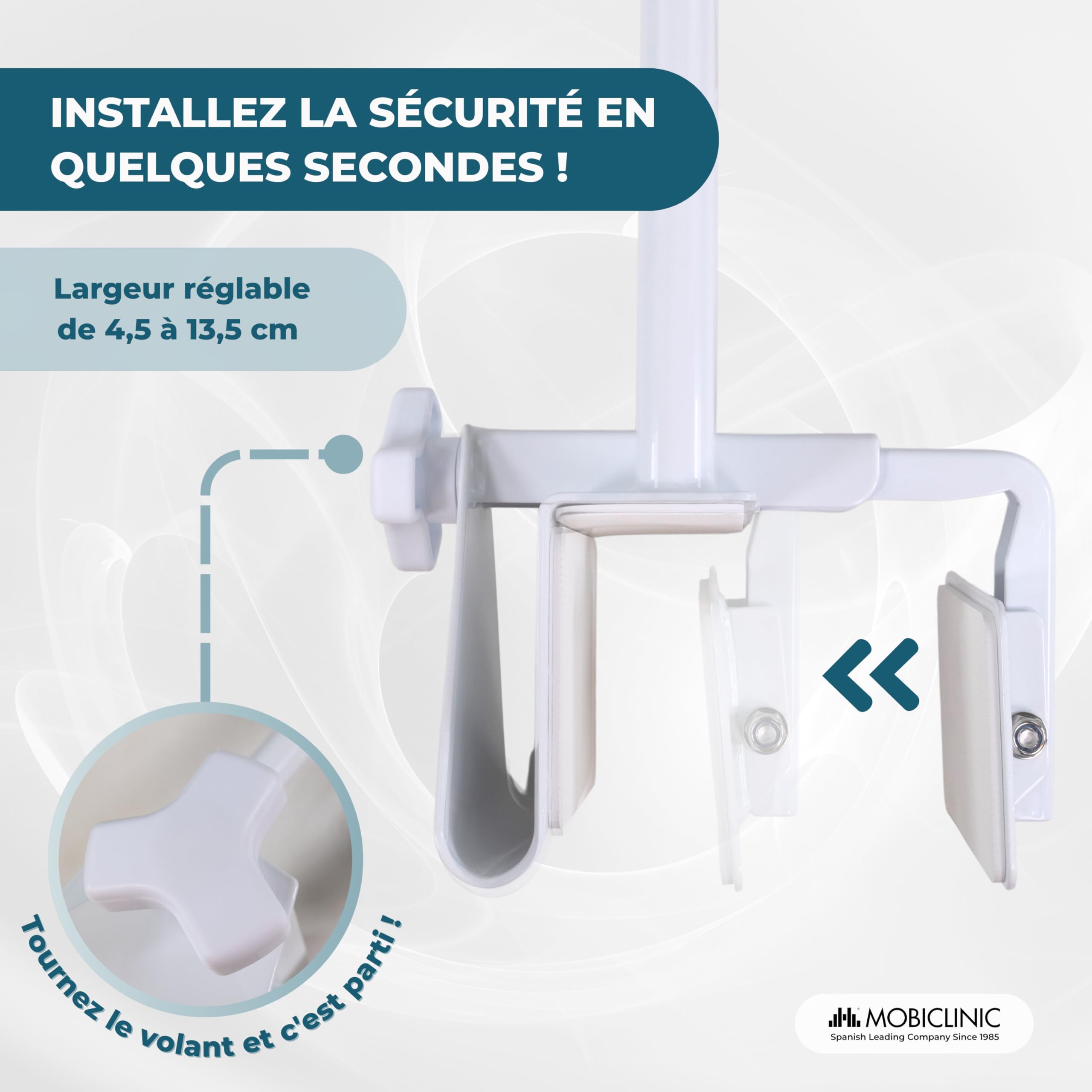 Mobiclinic®, Barre d'Appui Baignoire, Baignoires à Bords Lisses (4,5-13,5 cm), Poignée Ergonomique, Max. 100 kg, Usage Clinique et Domestique, Sûr et Fonctionnel, Mobibary