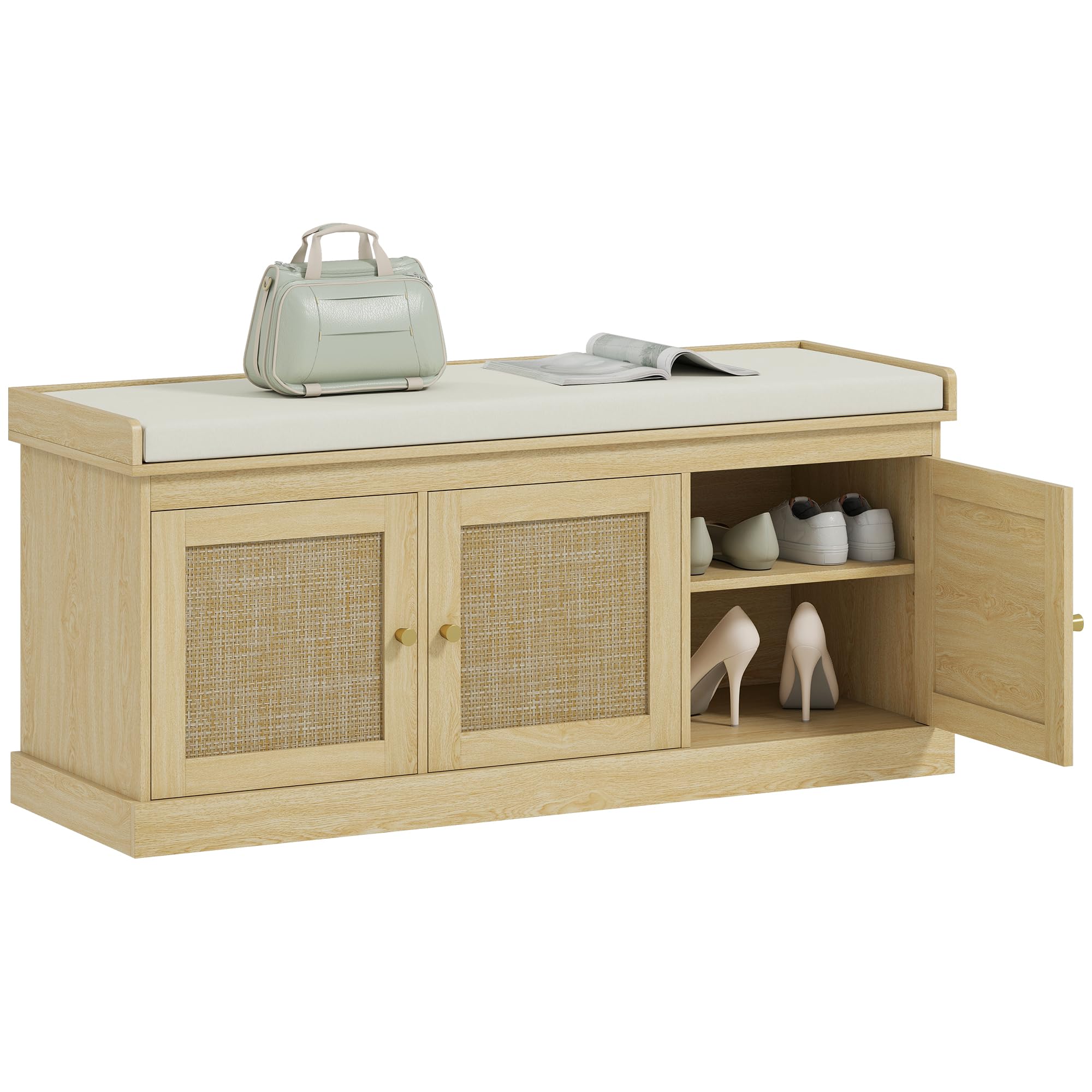 HOMCOM Banco para Zapatos con Puertas de ratán, 35x105x47 cm, Tono Roble