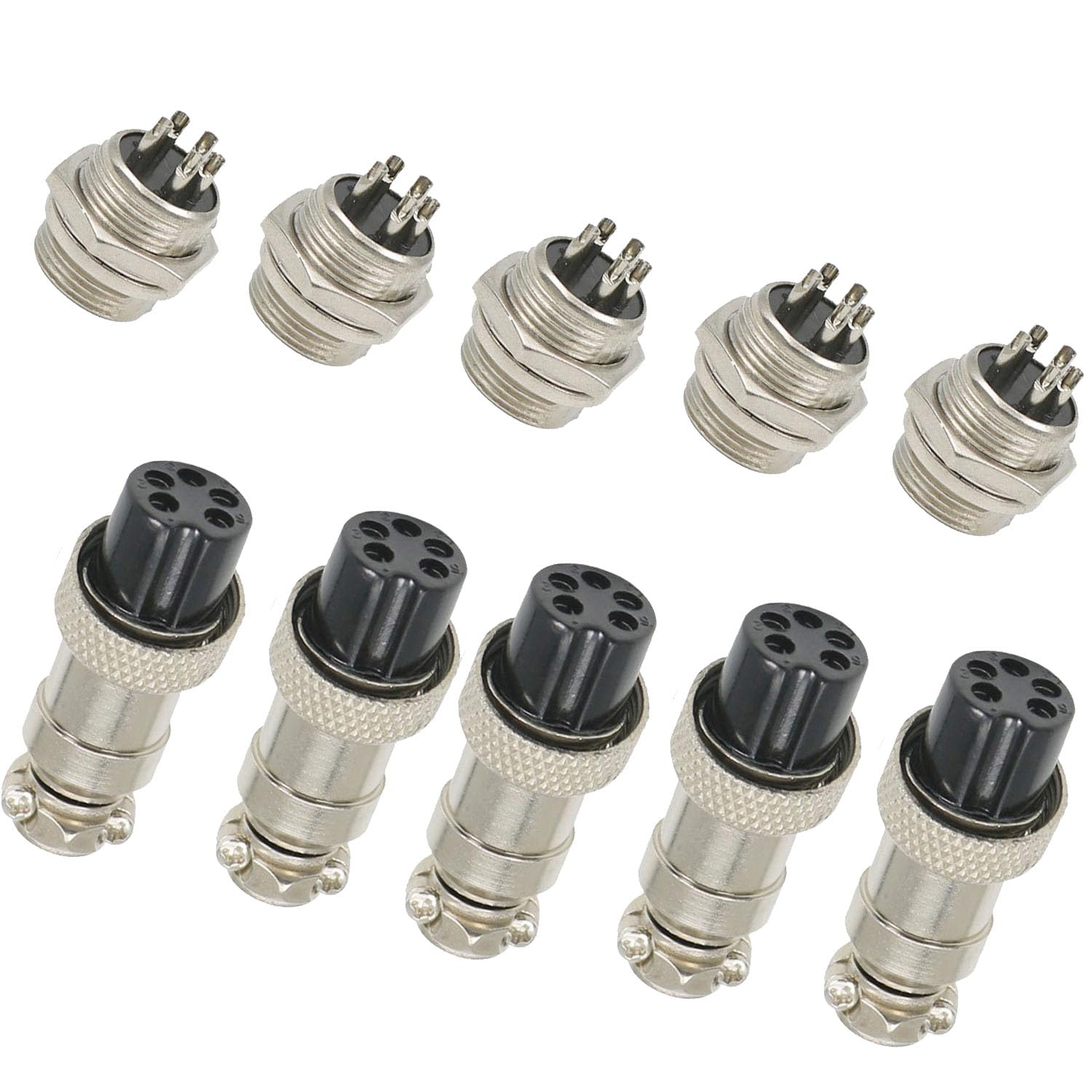 Sopepoyie GX16 5Pin Male Female Aviation Connector Plug 16MM Wire Panel Metal Connector Silver (5 Sets)