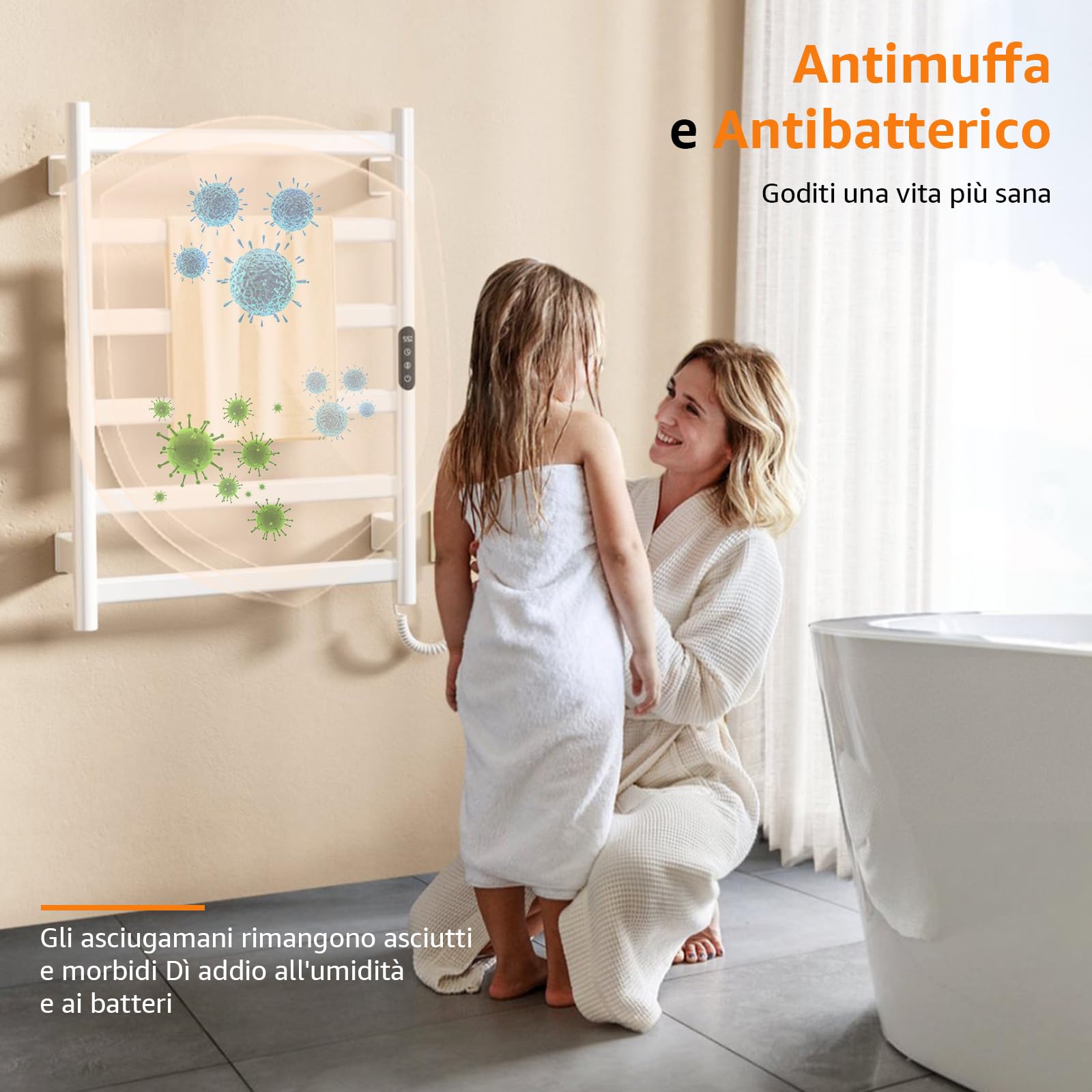Scaldasalviette Elettrico Bagno, 700 x 500mm 175W Termoarredo Elettrico Bagno con LED Touch Screen, 0-9h Timer e 30-70℃ Temperatura, IPX4 Termoarredo Elettrico da Parete, Bianco