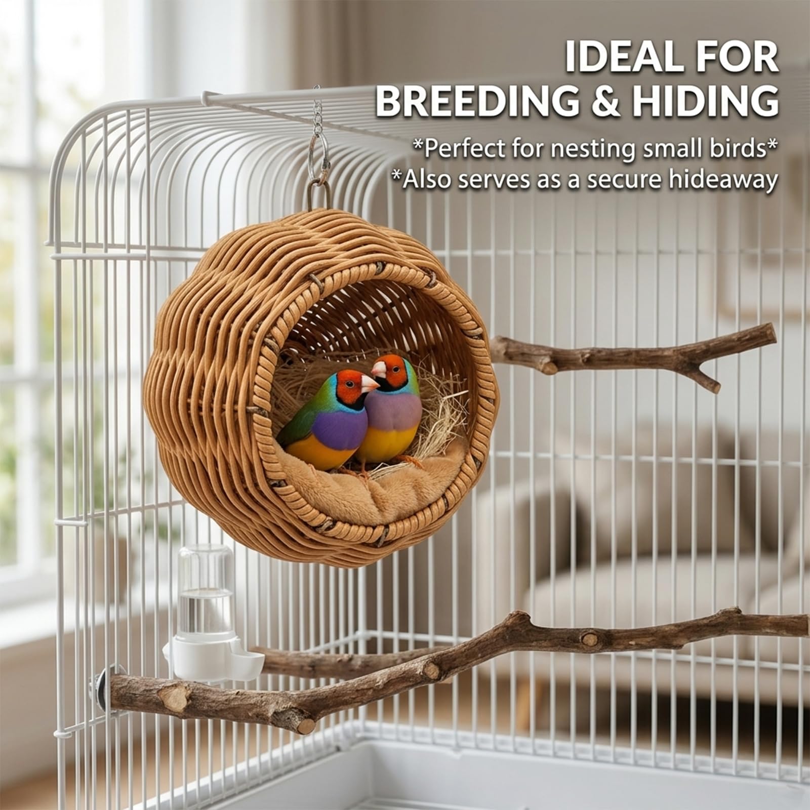 Nid Oiseau pour Cage, Nid en Rotin Imité avec Armature en Acier, Nid d’Élevage Transpirable pour Perruches, Canaris, Pinsons avec Coussin Amovible et Chaîne de Suspension