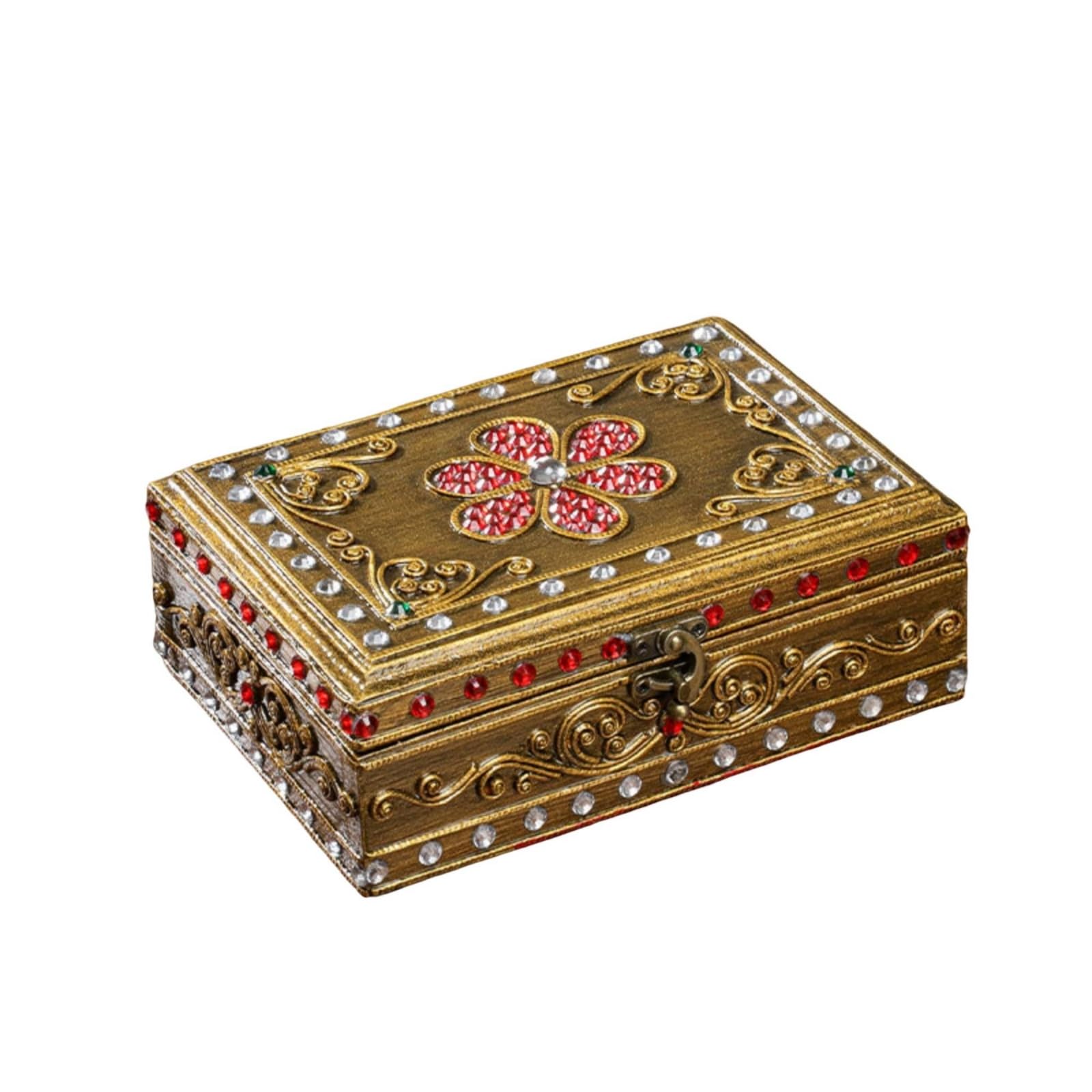 Joyero Vintage Joyero Ornamental Caja para Mujeres, Oro Con Flor Roja, Caja De Almacenamiento De Joyas Vintage Con Incrustaciones De Diamantes Y Flor Roja