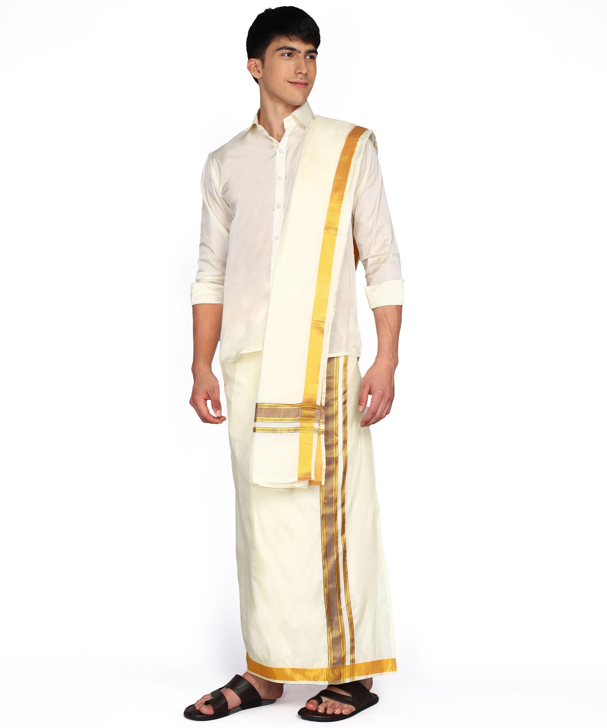 Prakasam Cotton-Mens Asha Pattu Wedding Fancy Border Dhoti + Readymade Shirt+ Matching Towel (38)
