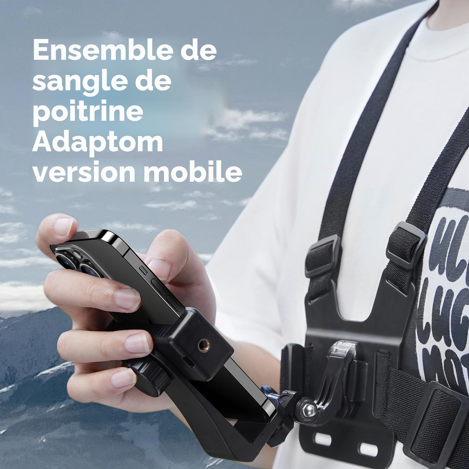 Adaptom° Harnais de Poitrine Support pour Caméras d'action et téléphones Portables, Compatible avec GoPro 13/12/11/10/9/8/7, insta360, DJI Action 5 Pro 4/3/2 Osmo et Toutes Les caméras d'action