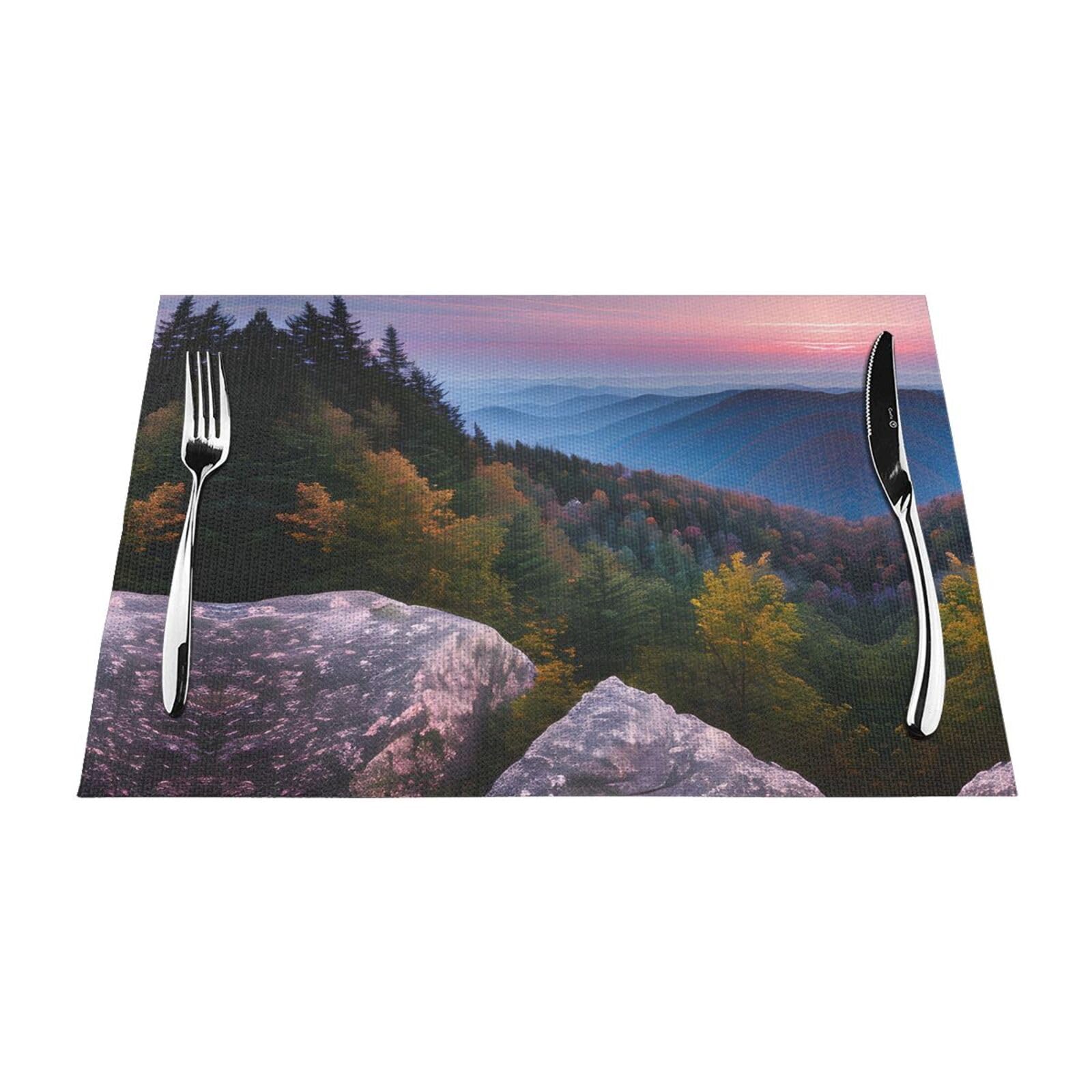 Placemats Set of 6,Table Mats Washable Placemat Decoration, Canadian Smokey Mountain Cliff Print