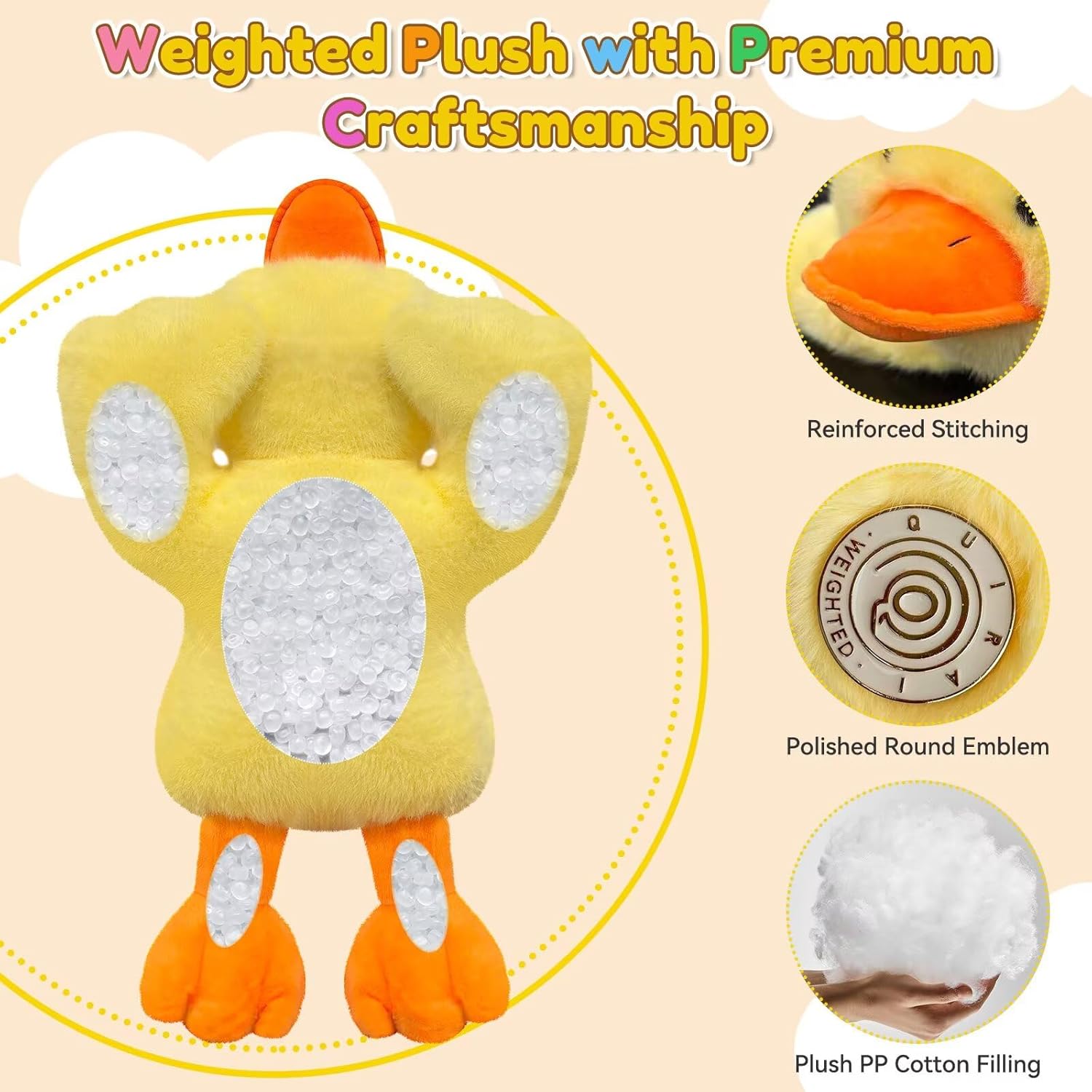 QUIRAI Weighted Stuffed Animals Duck Plush, 24" | 3.3 lb Duck Stuffed Animal, Pillowfort Weighted Plush Animals & Cute Plushies Gifts for Kids Adults