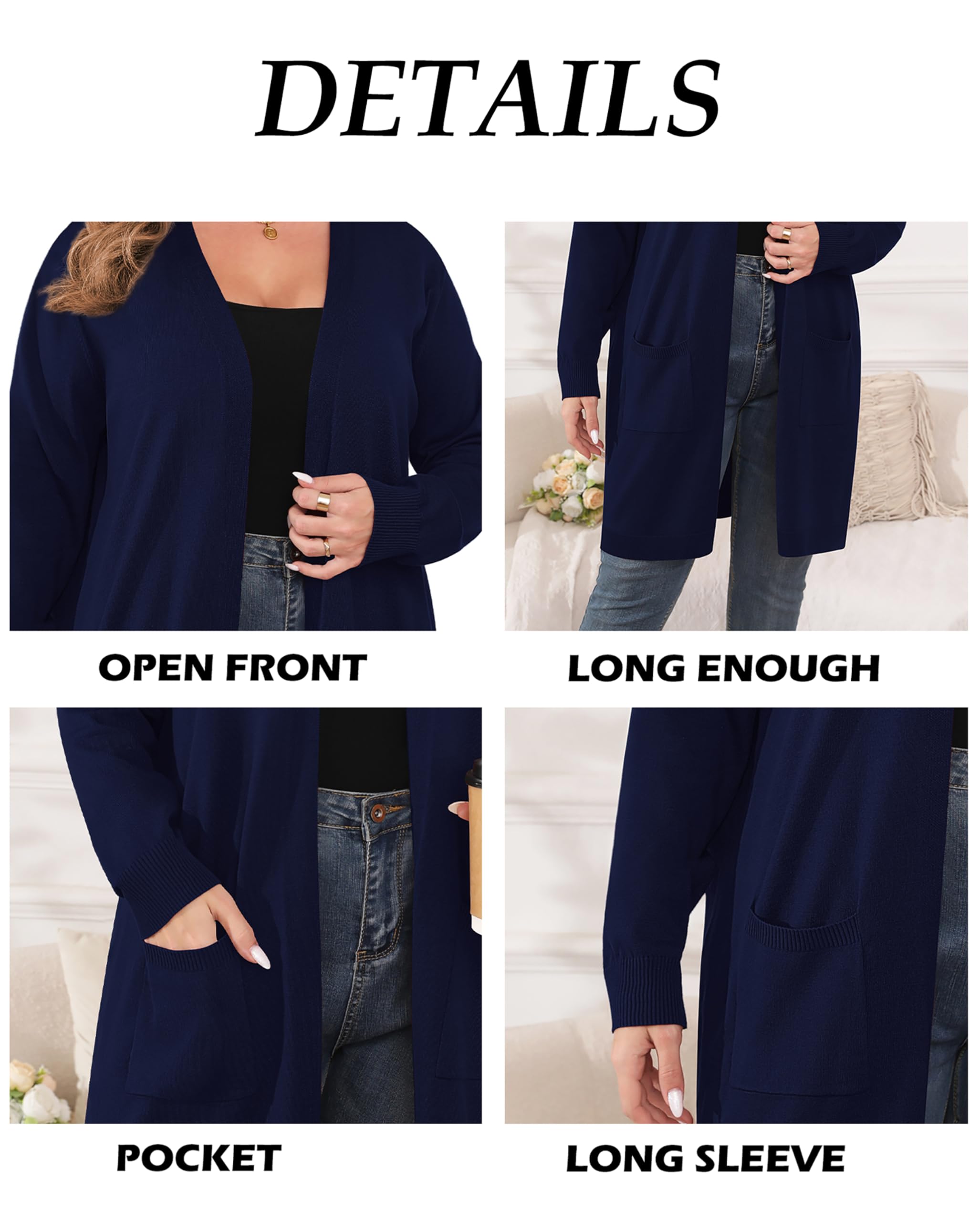 TIANZHU Cárdigan ligero de talla grande para mujer, con frente abierto, manga larga, ajuste holgado, casual, con bolsillos, talla XL-4XL