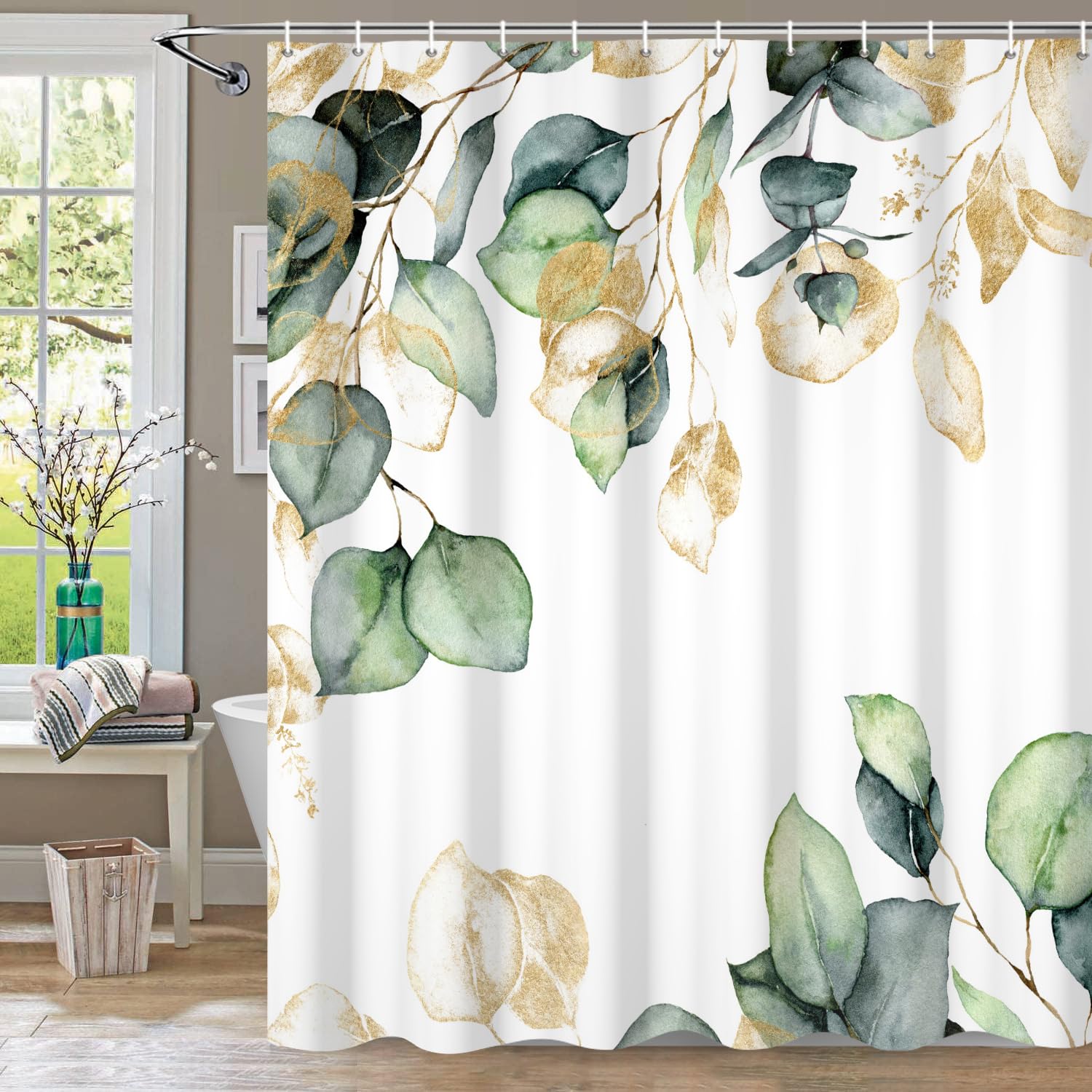 deFouliao Eucalyptus Green and Gold Shower Curtain 60Wx72H Inch