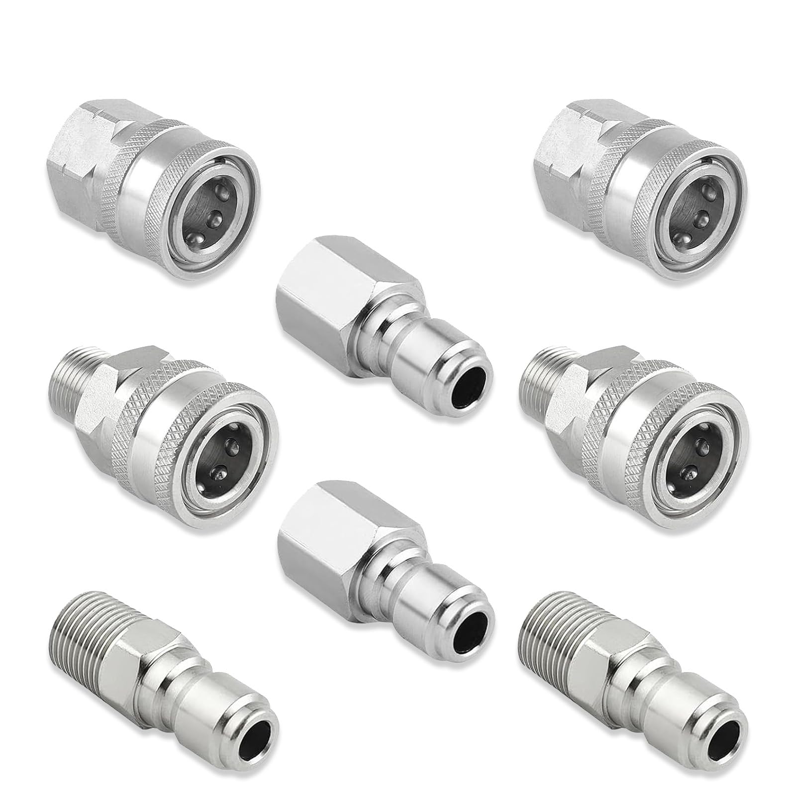 Lavadora a presión de conexión rápida en tamaño de 3/8 pulgadas, compuesto por accesorios de lavado a presión, un juego de adaptadores de acero inoxidable con roscas hembra y macho, 8 piezas en total.