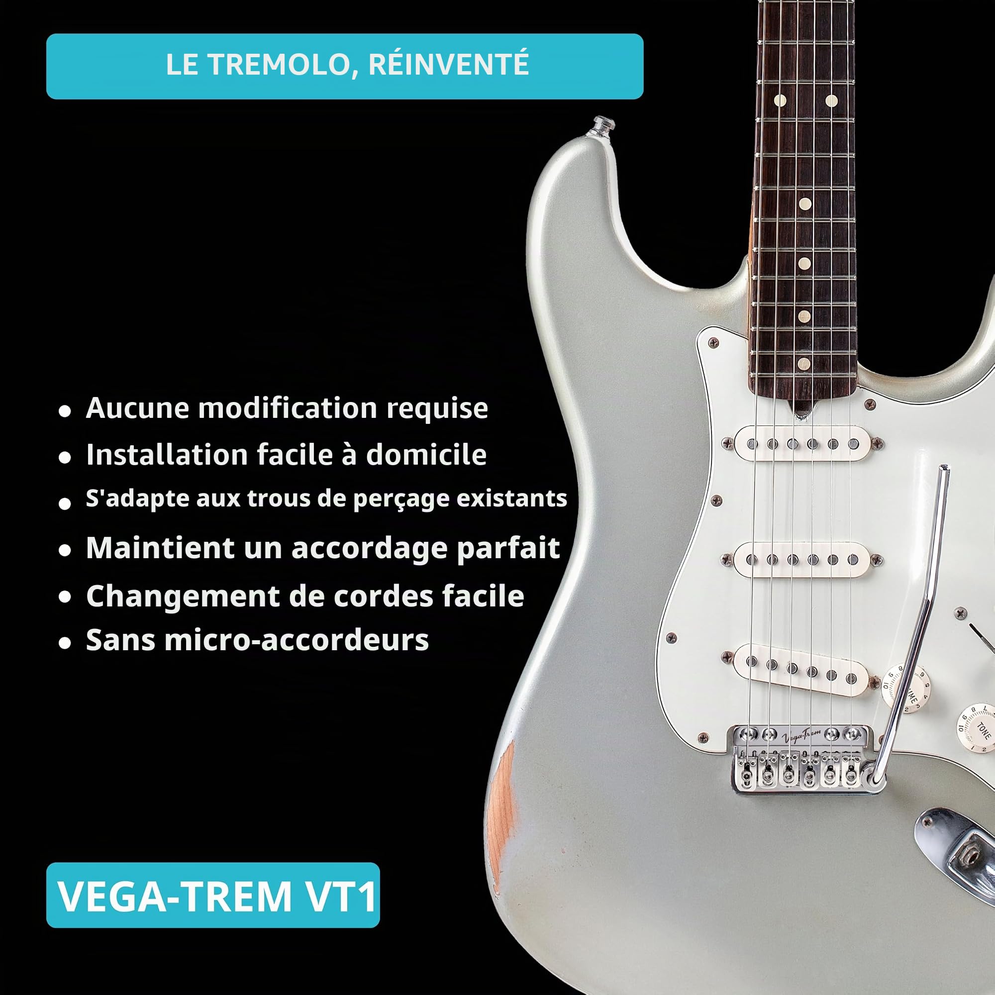 Vega-Trem VT1 Standard 6 Vis Brillant Pont Tremolo pour Guitare Stratocaster Pour Strat Sans Modifications Installation Facile