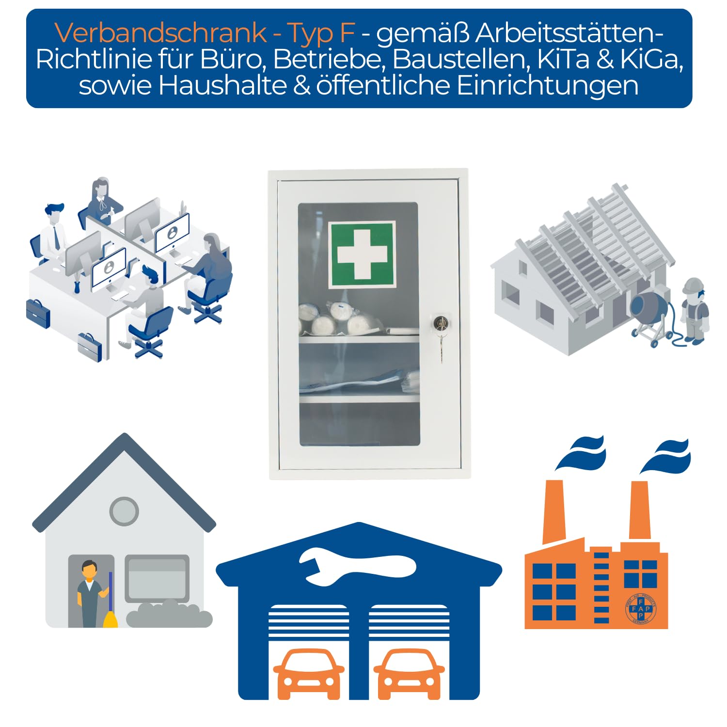 First Aid Products Erste Hilfe Verbandschrank F mit Sichtfenster – inkl. DIN 13157:2021 Füllung, Metall & Pulverbeschichtet, 1-türig - Büro, Betrieb, Schule, Kita & zu Hause - Weiß, 46 × 30 × 14 cm