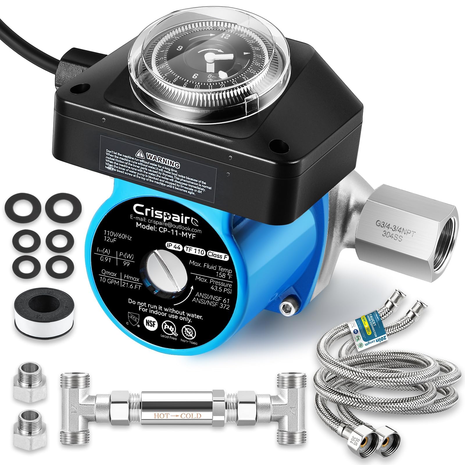 Kit de bomba de recirculación de agua caliente instantánea Crispaire con válvula de derivación de acero inoxidable 304 para calentadores de agua de tanque. Incluye todos los componentes de instalación y líneas de suministro PEX de 20 pulgadas para agua potable.