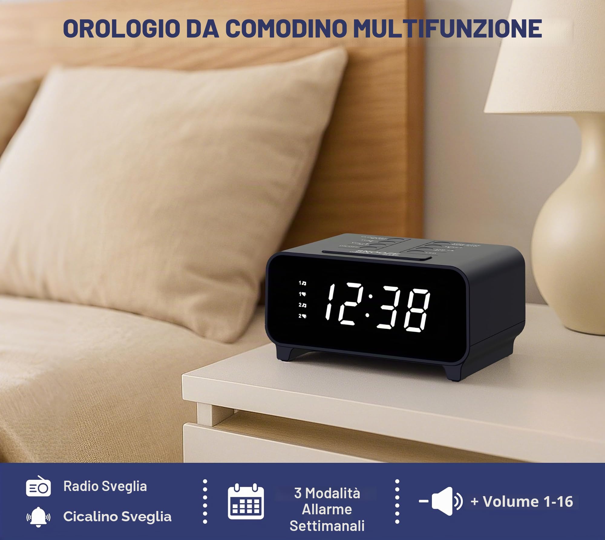 iTOMA Radiosveglia con radio AM/FM, doppia sveglia, snooze, memoria preimpostata, dimmer, sleep timer, orologio digitale con controllo del volume, luce notturna, sveglia per camera da letto