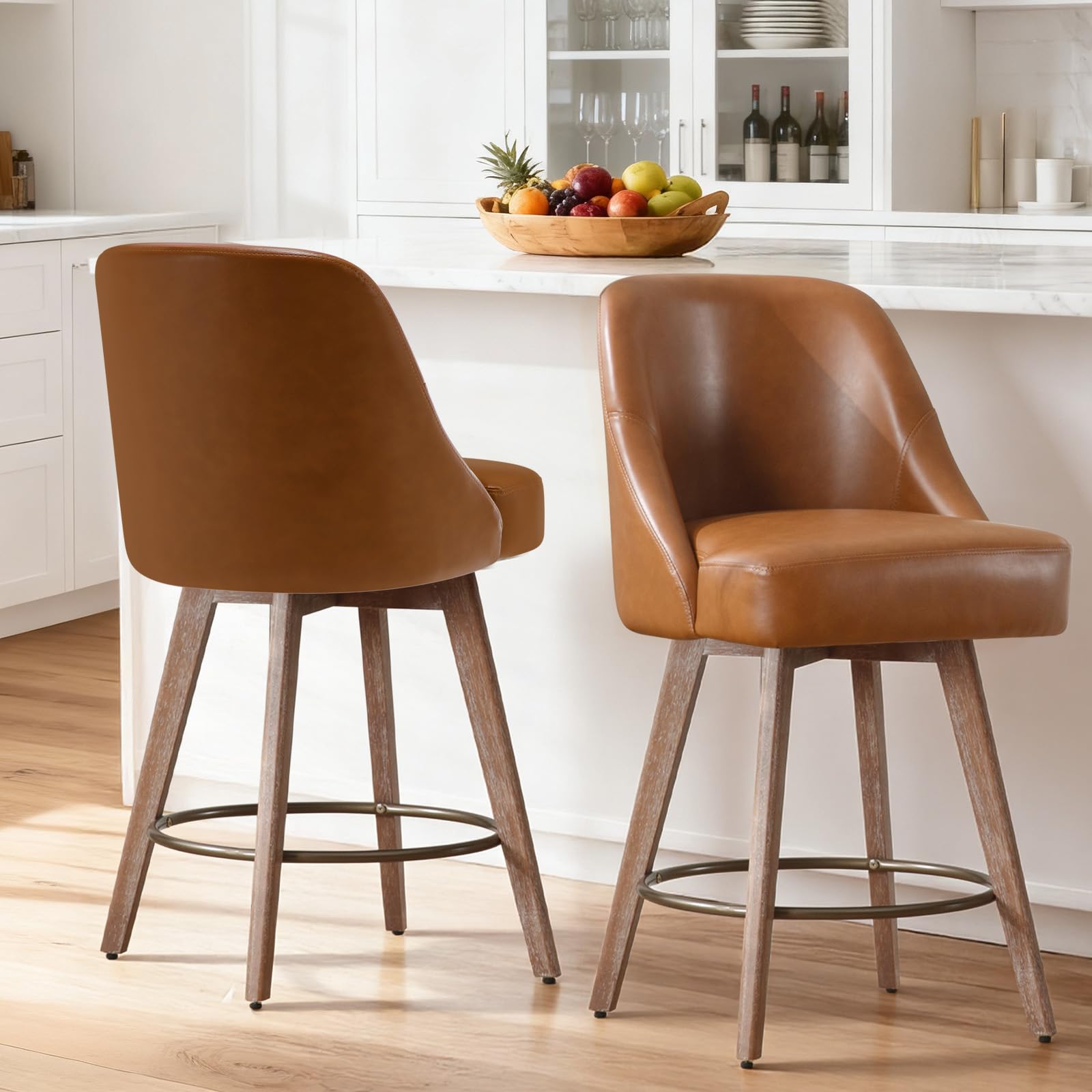 WOOW DEPOT Swivel Bar Stools Set of 2, Modern Mid-Century Barstools with Backs and Wood Legs,Faux Leather Upholstered Chairs 65CM Seat Height Kitchen Counter Stools (PU Brown, 2PCS)