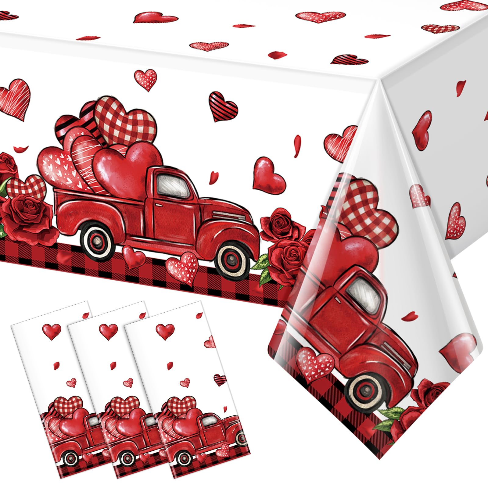 FunnyPars 3 Pack Valentines Plastic Tablecloth Rectangle, Red Love Heart Truck Disposable Valentine's Day Tablecloth, Valentine Table Cover Backdrop for Valentine's Day Wedding Anniversary, 54x108Inch