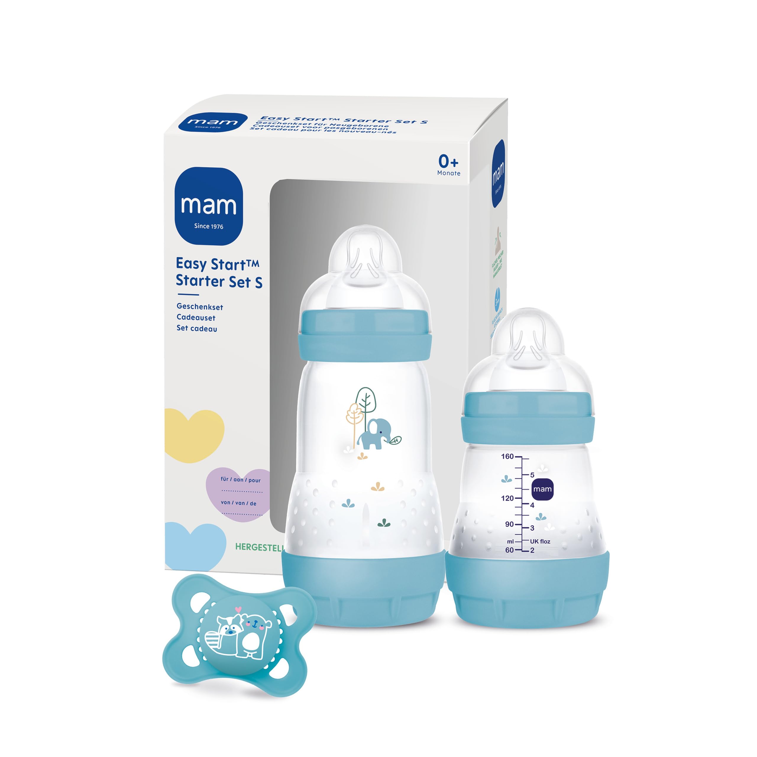 MAM Easy Start Anti-Colic Starter Set S, Baby Erstausstattung mit 2 Anti-Colic Flaschen (160 ml & 260 ml) inkl. Sauger Größe 1 und Schnuller, Baby Geschenk Set, ab der Geburt, blau