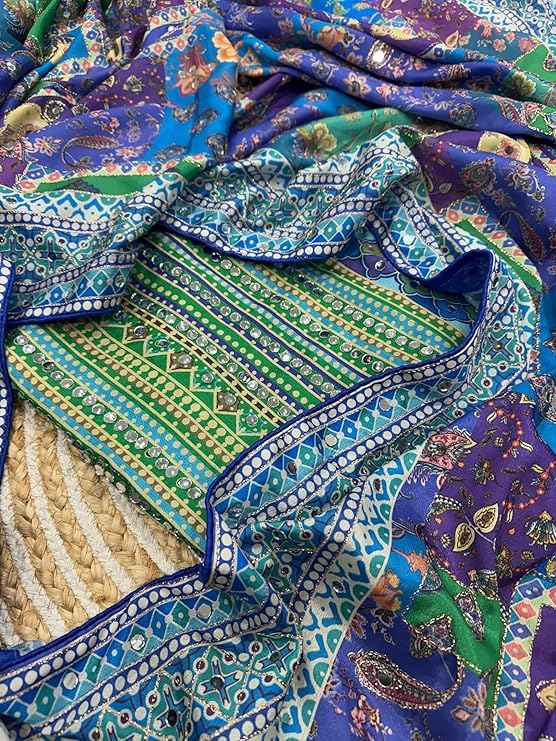 Image of Women's Chinon Silk Saree with Printed Design, Mirror Work & Zari Woven Detailing | Ethnic Wear Saree with Unstitched Blouse Piece | Traditional Festive & WeddingWear