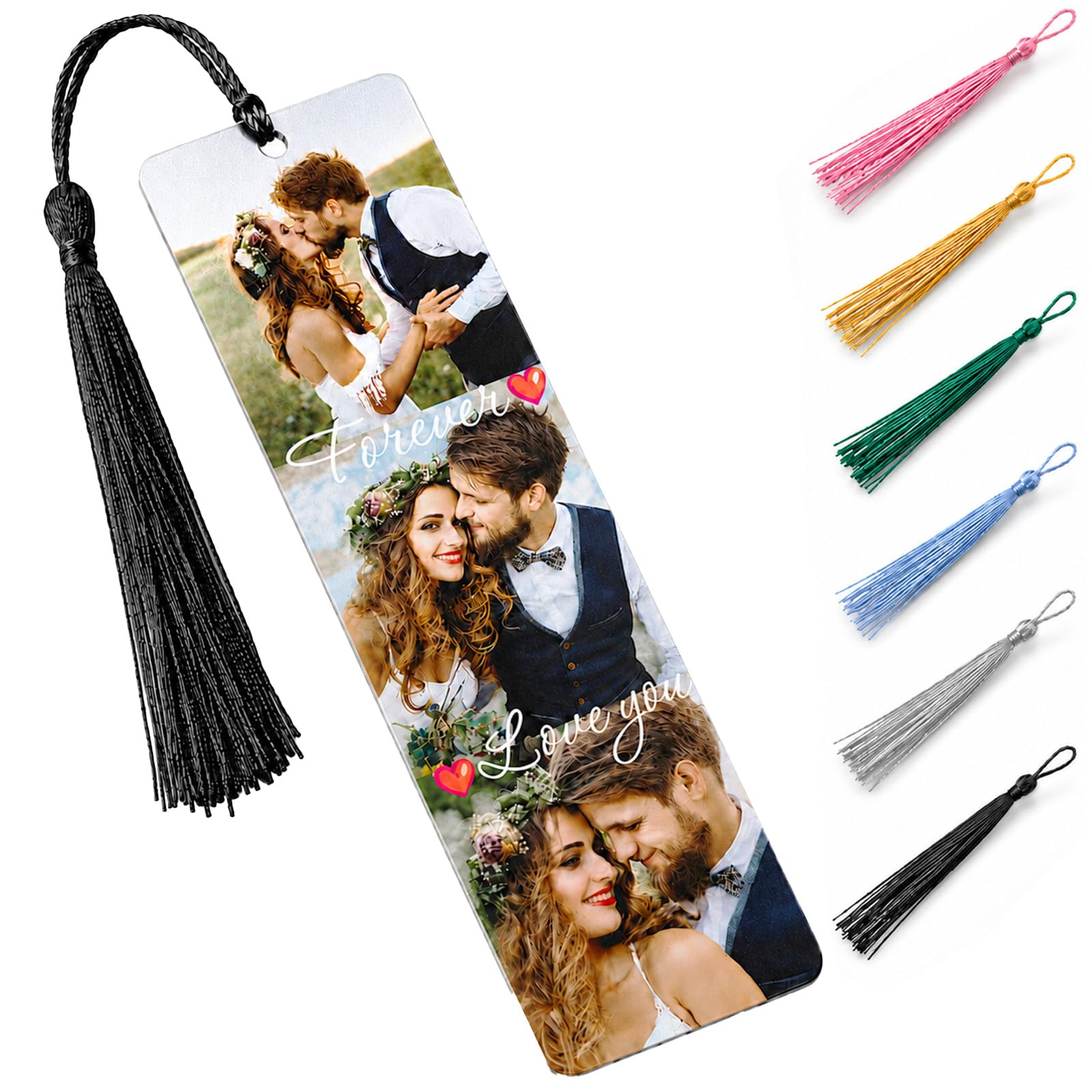 OMNRELM Personalised Photo Bookmark with Text, Custom Metal Bookmark with Colour Tassel, Aluminium Book Marker Gift for Mum Dad Girlfriend Boyfriend Teacher Book Lovers (3 Photos) — image 1