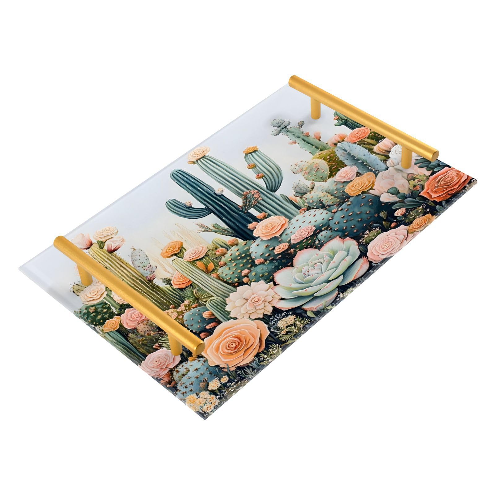 Wassud Bathroom Vanity Tray with Handles Cacti and Succulents Acrylic Jewelry Perfume Organizer for Bathroom Kitchen Counter 11.81