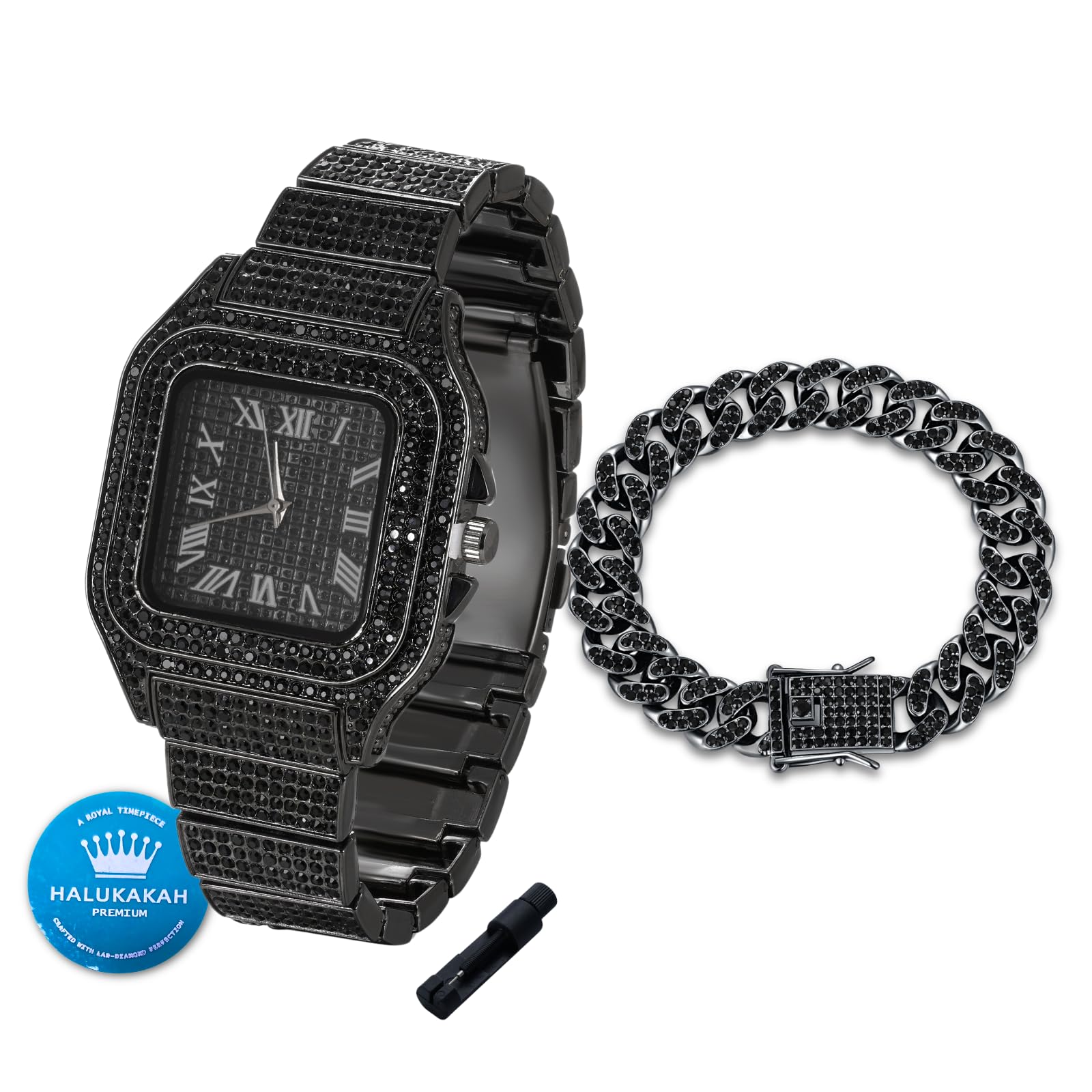 Halukakah Diamonds Watch Iced Out - Reloj para niños y adolescentes, chapado en oro real de 18 quilates, platino, rodio negro, esfera cuadrada de 40 mm, cuarzo japonés, 8 pulgadas de longitud