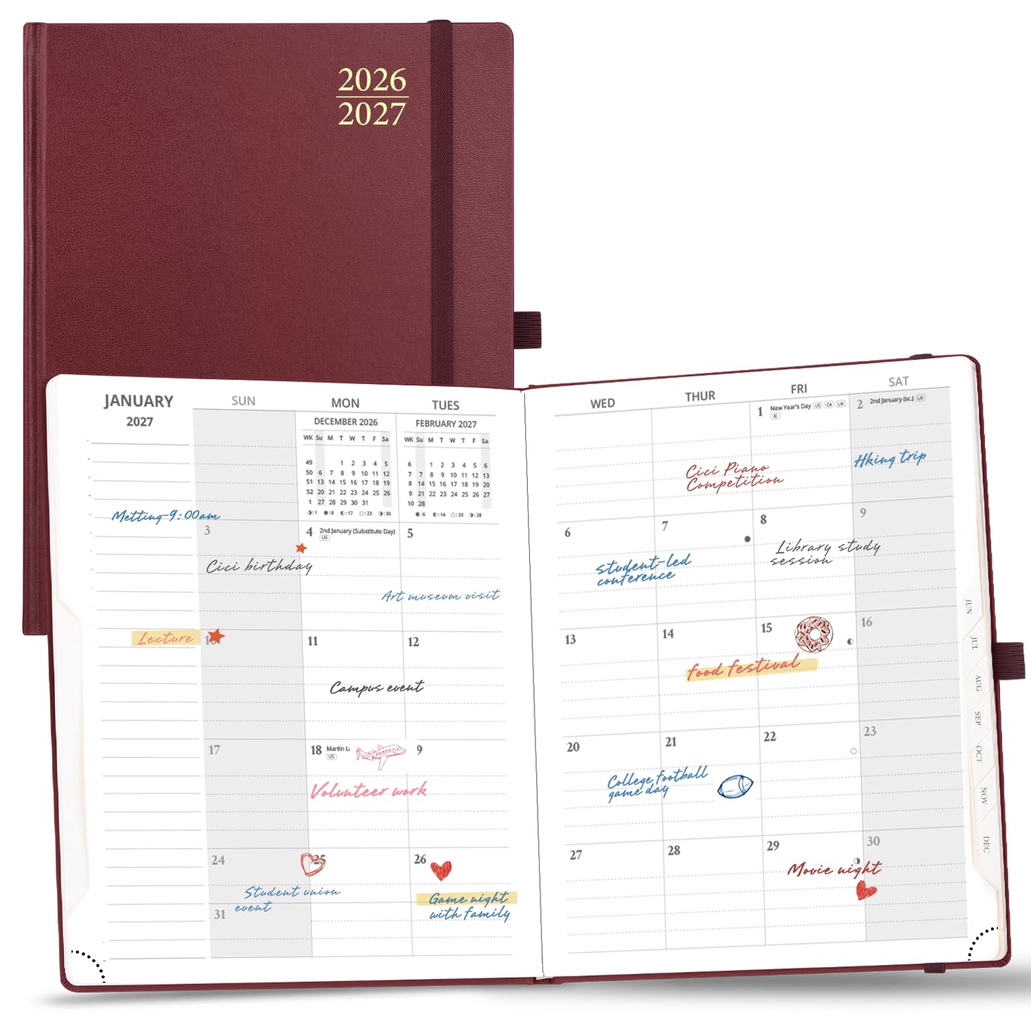 POPRUN Monthly Planner 2026-2027, Large Size-8.5" x 10.5", 18 Month Calendar Book (Jul 2026 - Dec 2027), Academic Calendar Planner with Tabs, Inner Pocket, Hard Cover, 100GSM Paper - Burgundy