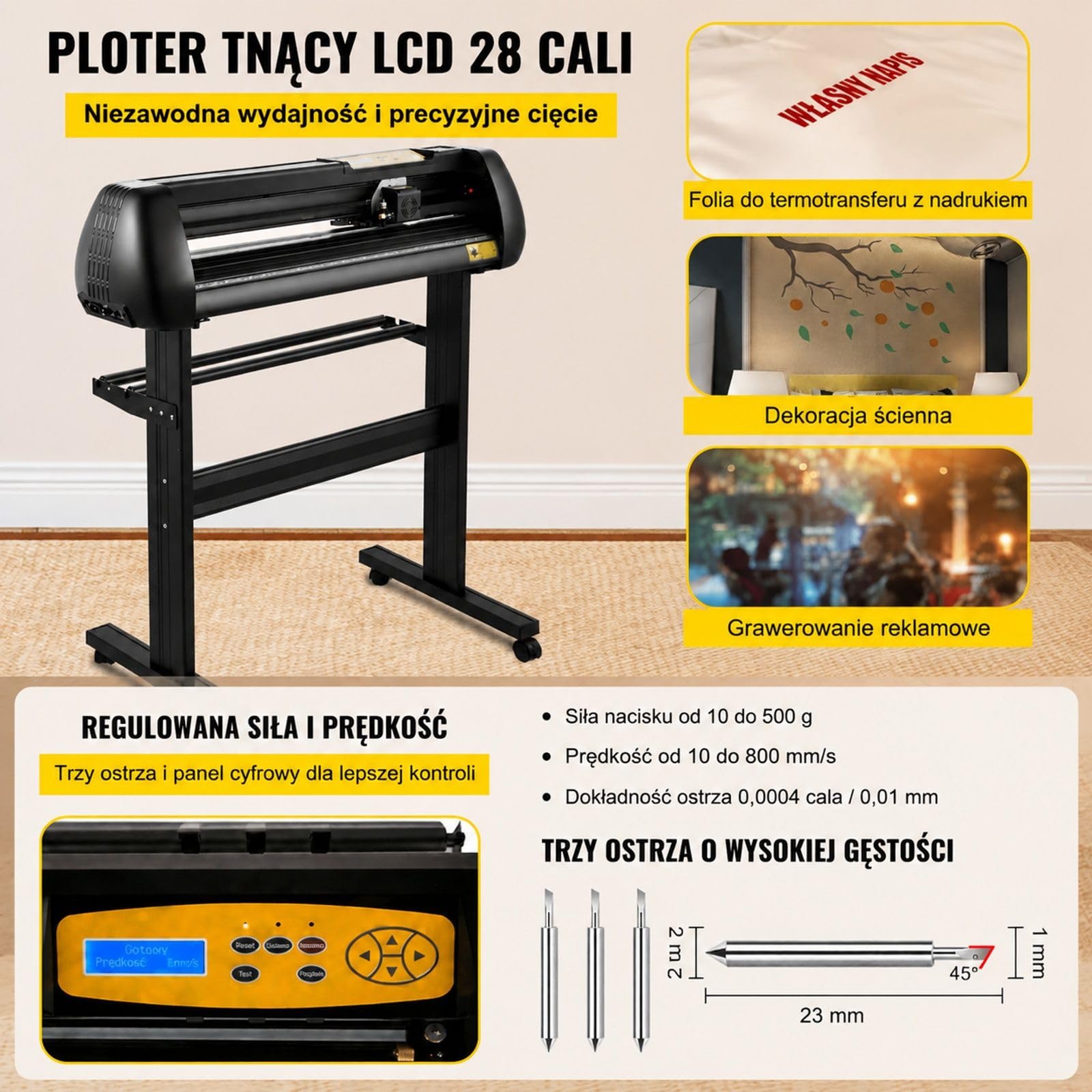 Ploter winylowy z panelem LED, stojakiem podłogowym, pięcioma rolkami oraz ręcznym konturem dla folii