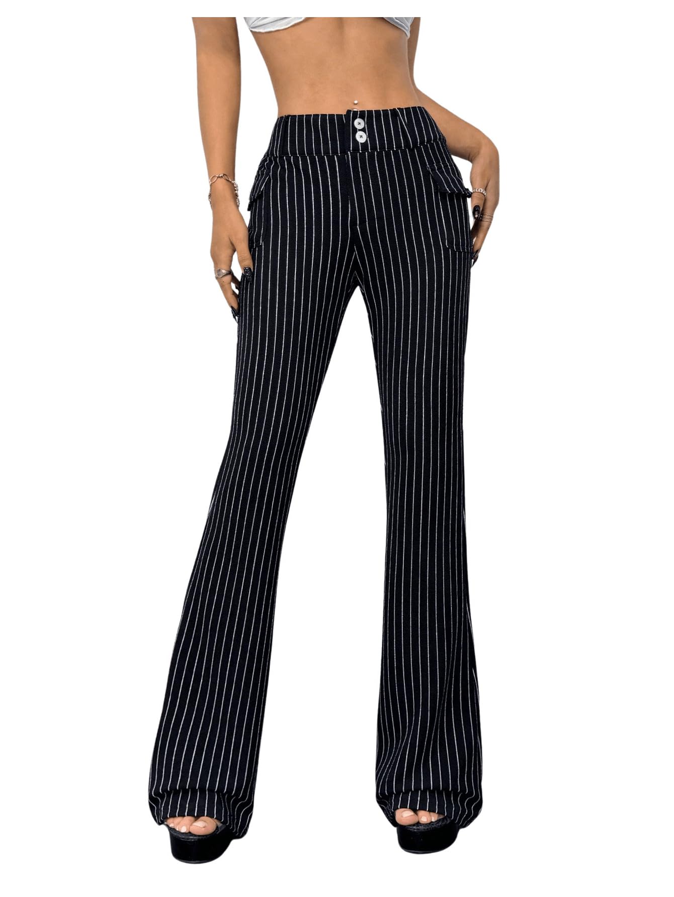 Milumia Womens Y2k Striped Flare Leggings Elastic Low Waist Dressy Bell Bottom Pants with Pockets